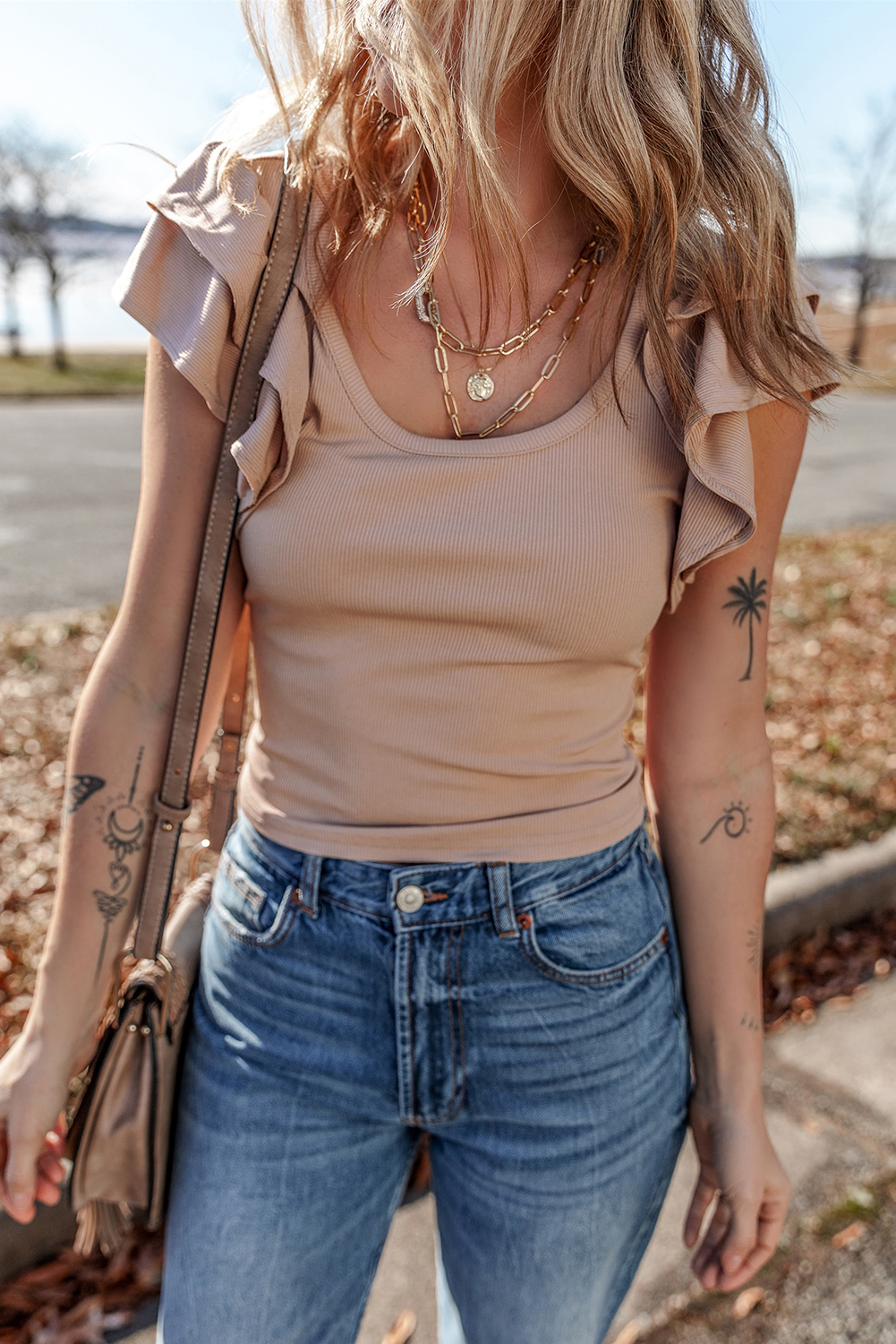 Smoke Gray Ribbed Knit Ruffled Shoulder Slim Fit Tank Top - loveforevers