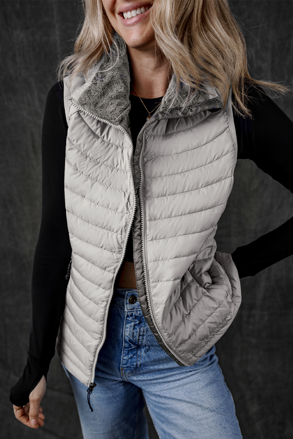 Silvery Plush Collared Quilted Zipped Puffer Vest - loveforevers