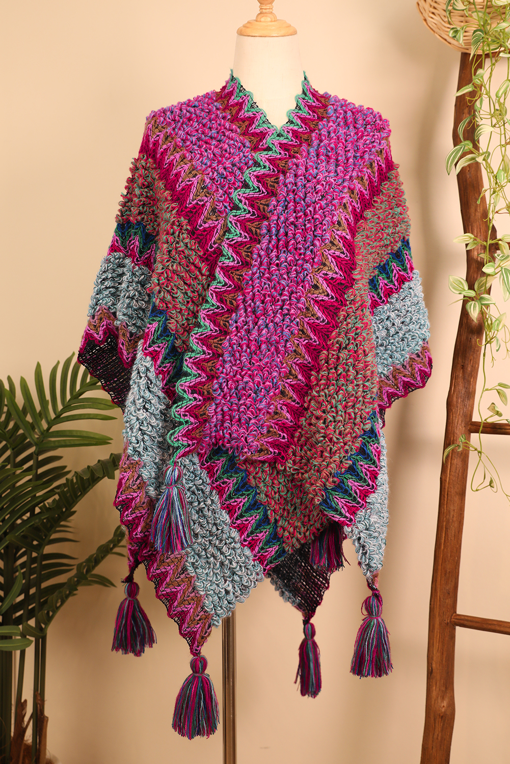 Rose Red Ethnic Knit Shawl Wrap Cape Sweater Thickened Tassel Poncho Cloak - loveforevers