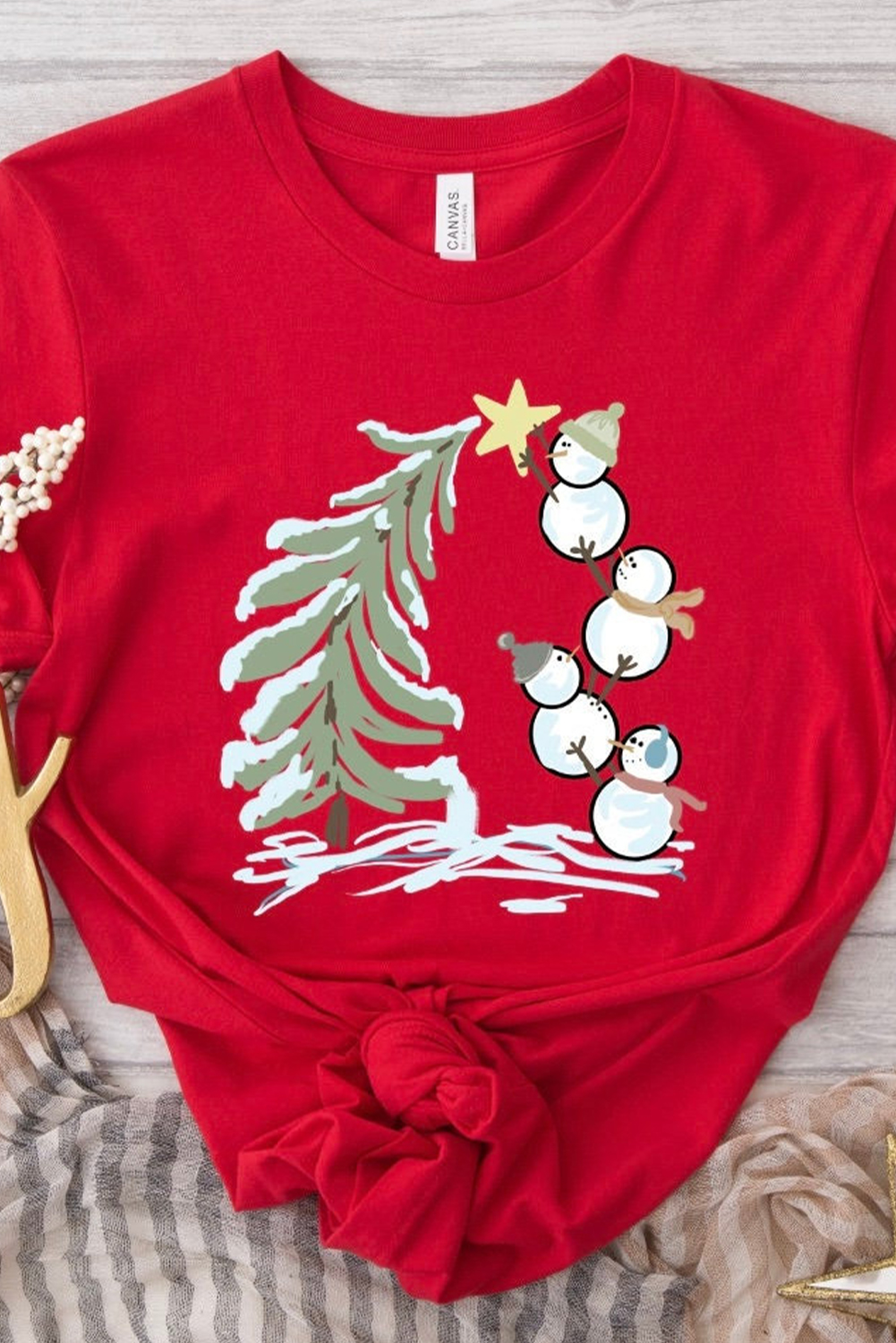 Red Christmas Tree Snowman Printed Crewneck T Shirt - loveforevers