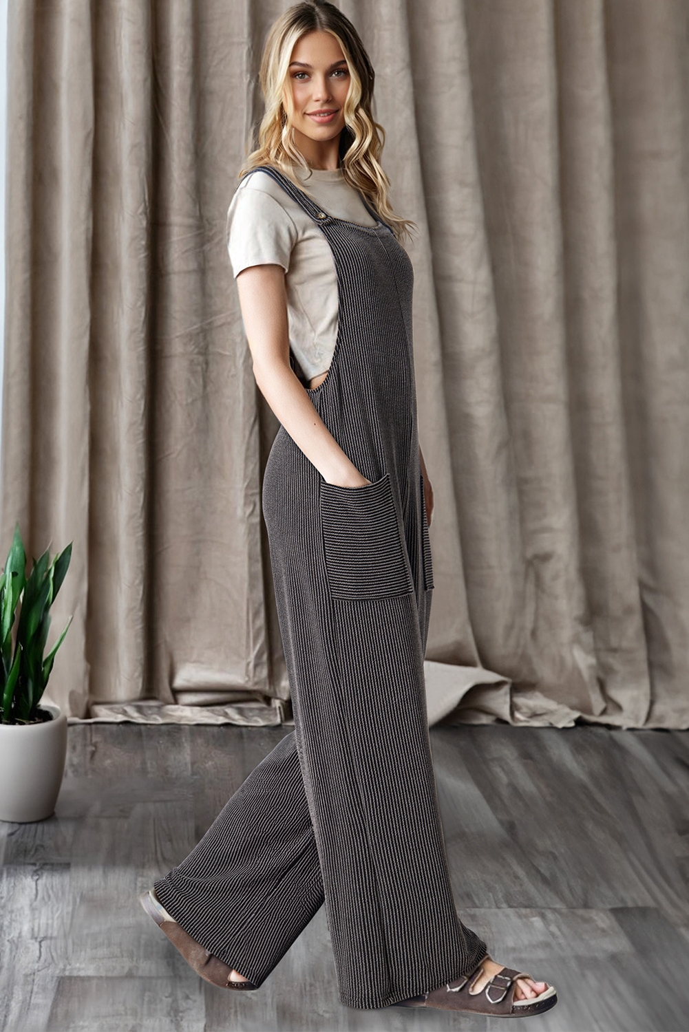 Dark Grey Ribbed Knit Patched Pocket Wide Leg Overalls - loveforevers