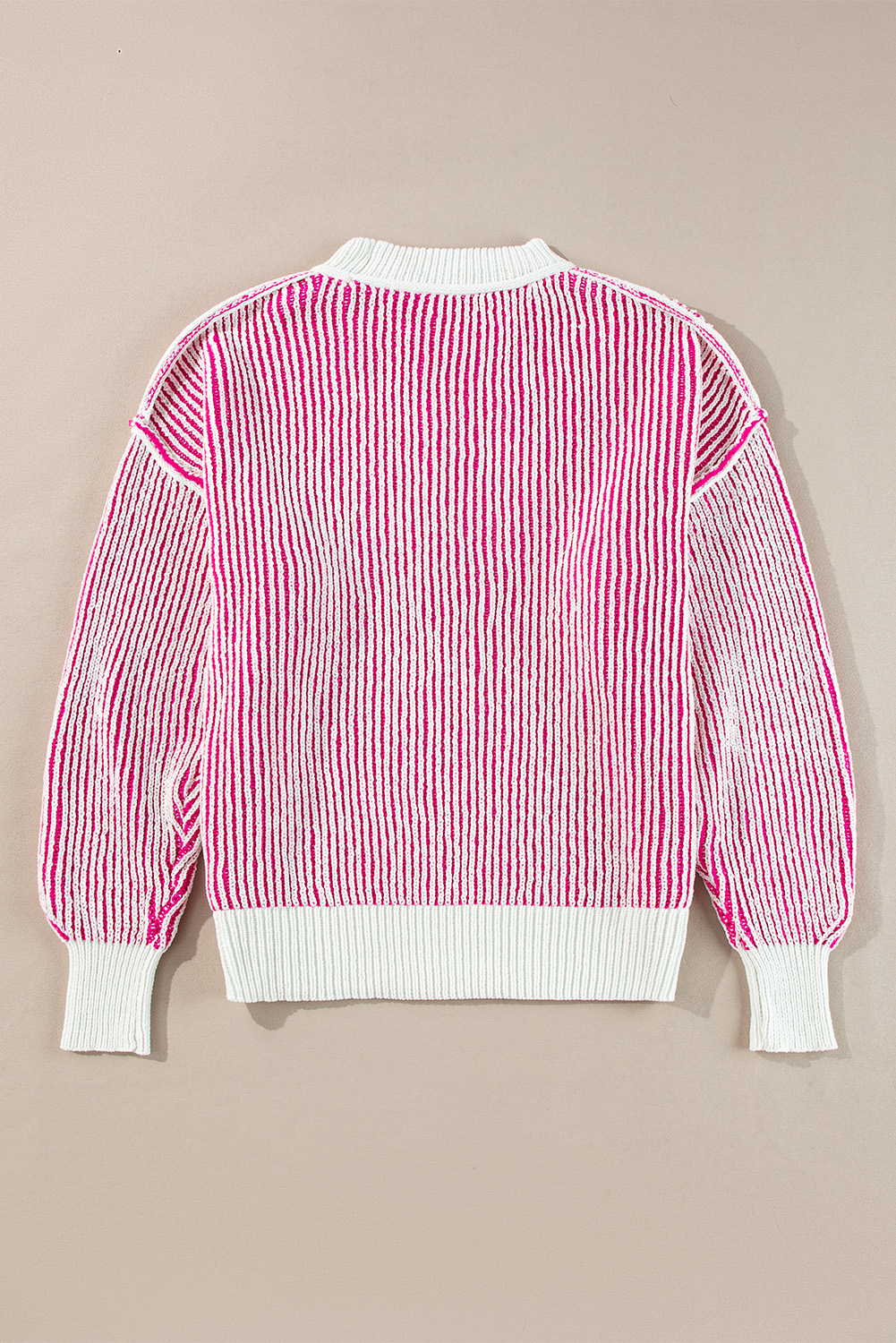 Bright Pink Striped Textured Knit Contrast Edge Loose Sweater - loveforevers