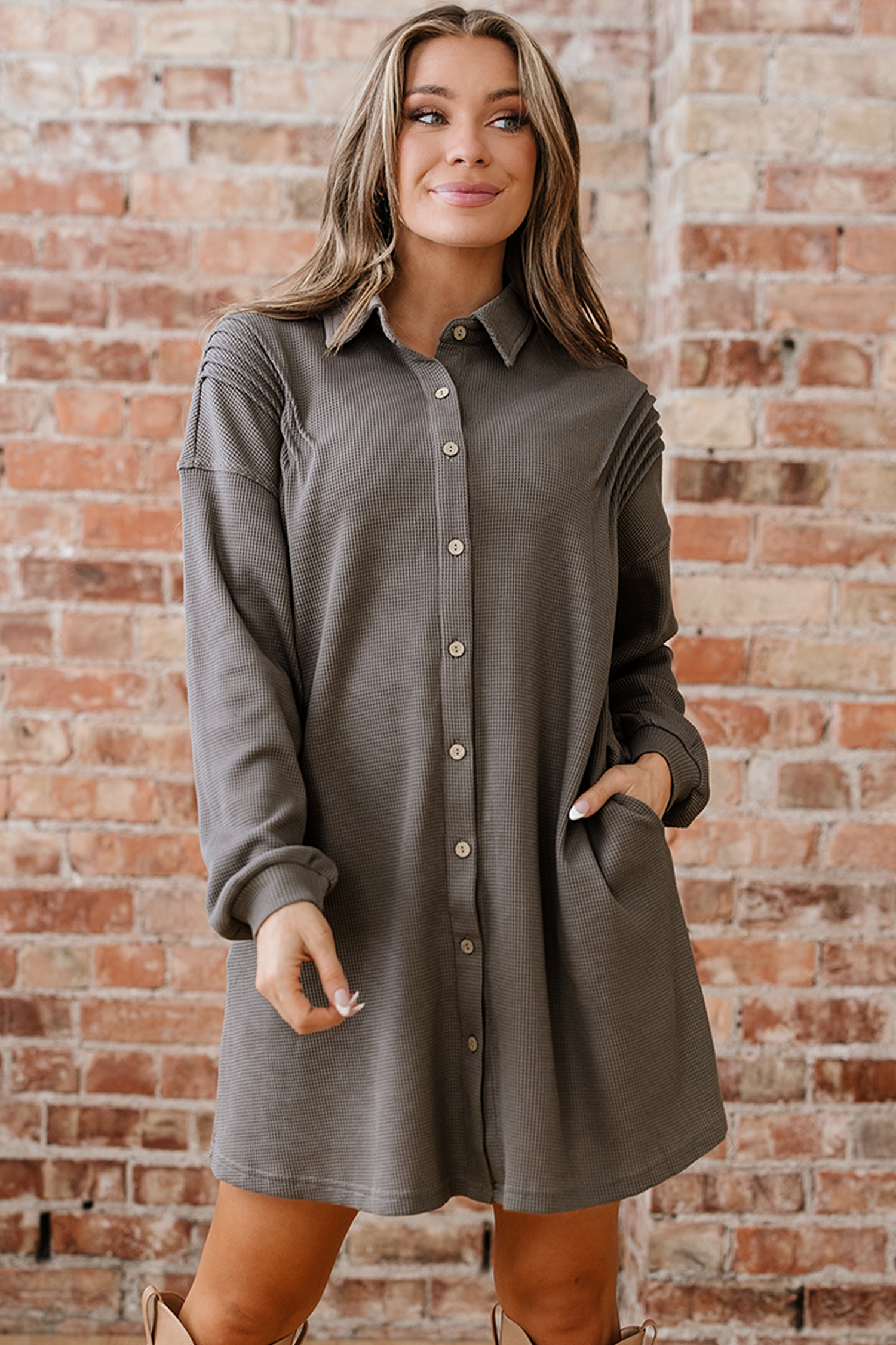 Simply Taupe Waffle Knit Shirt Tunic Dress - loveforevers