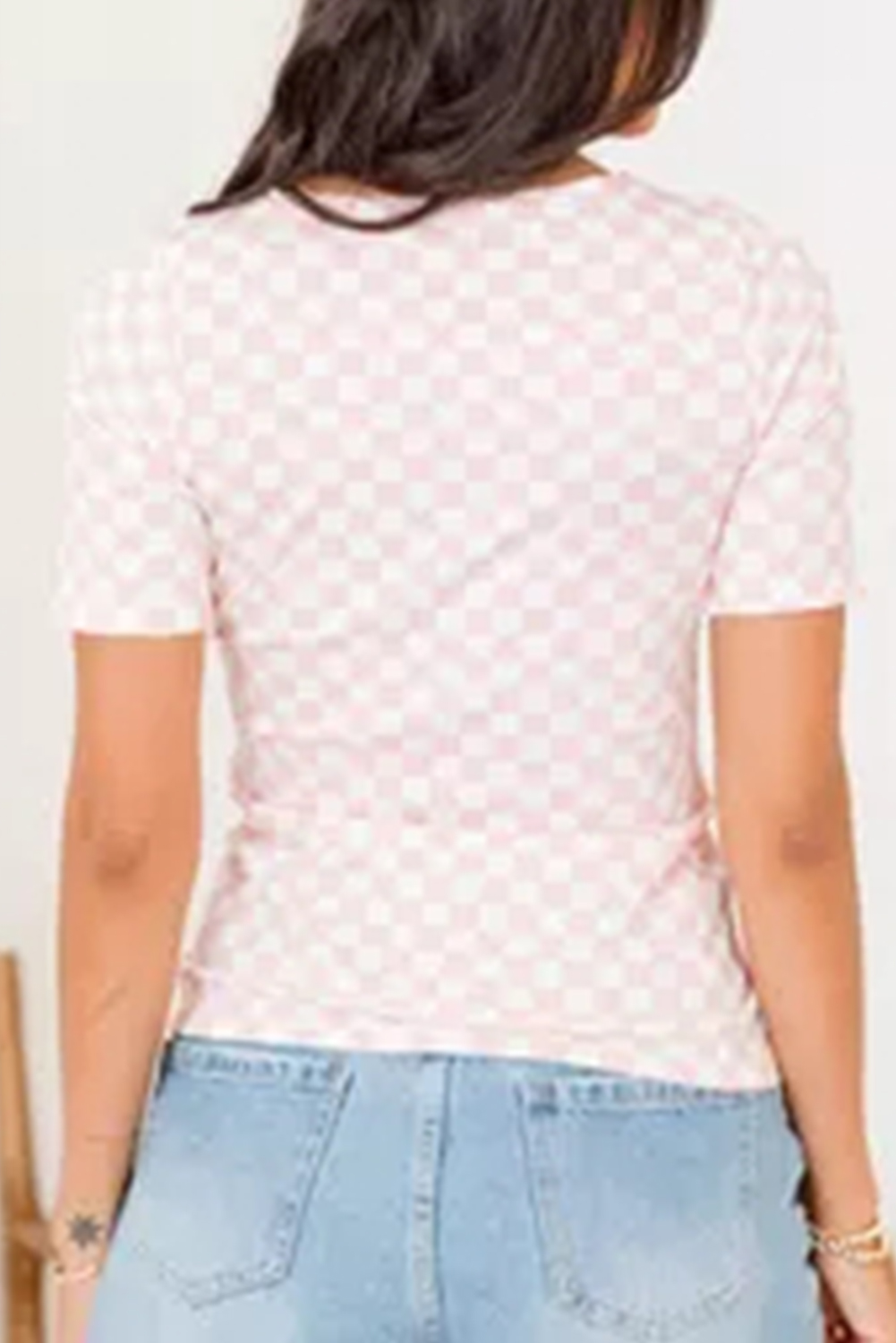 Pink Checkered Ribbed Slim Fit Crew Neck T Shirt - loveforevers
