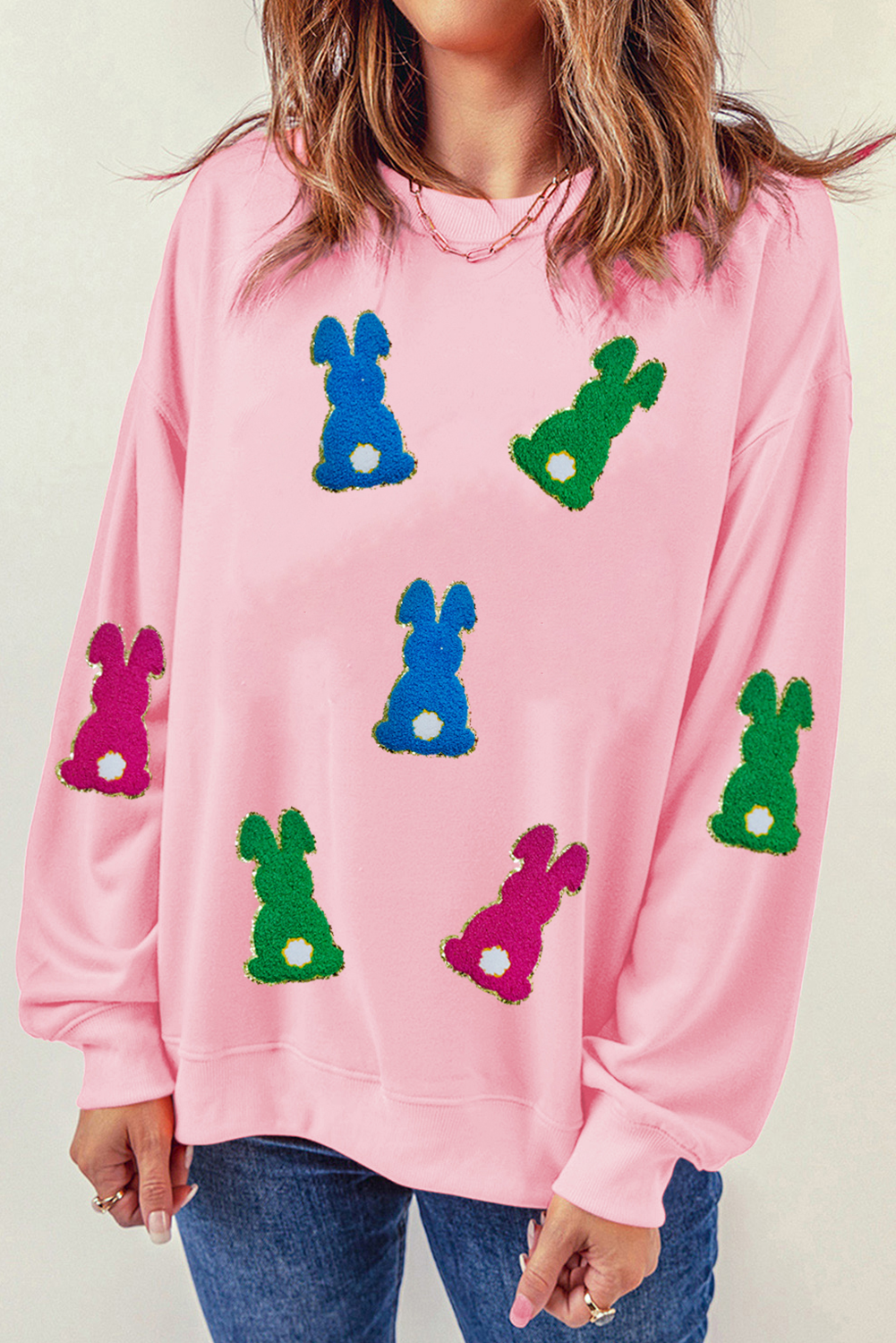 Pink Easter Bunny Chenille Patched Graphic Drop Shoulder Sweatshirt - loveforevers