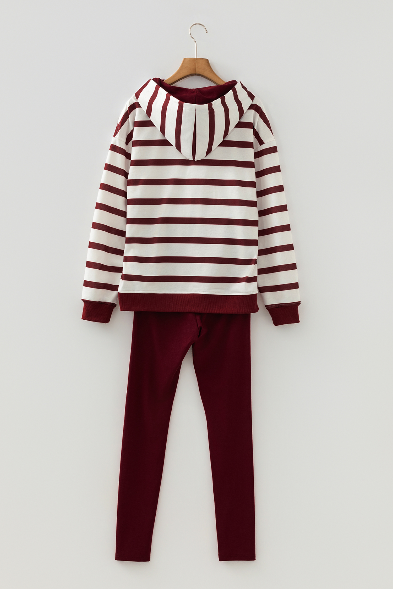 Red Stripe Pullover Hoodie Ribbed Solid Pants 2pcs Set Outfit - loveforevers