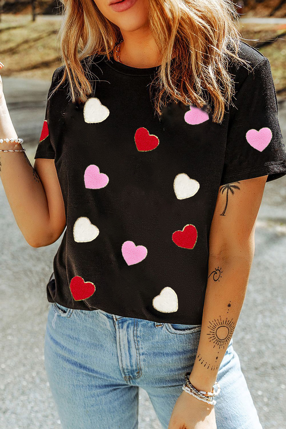 Black Valentines Chenille Heart Patched Pattern Crewneck Tee - loveforevers