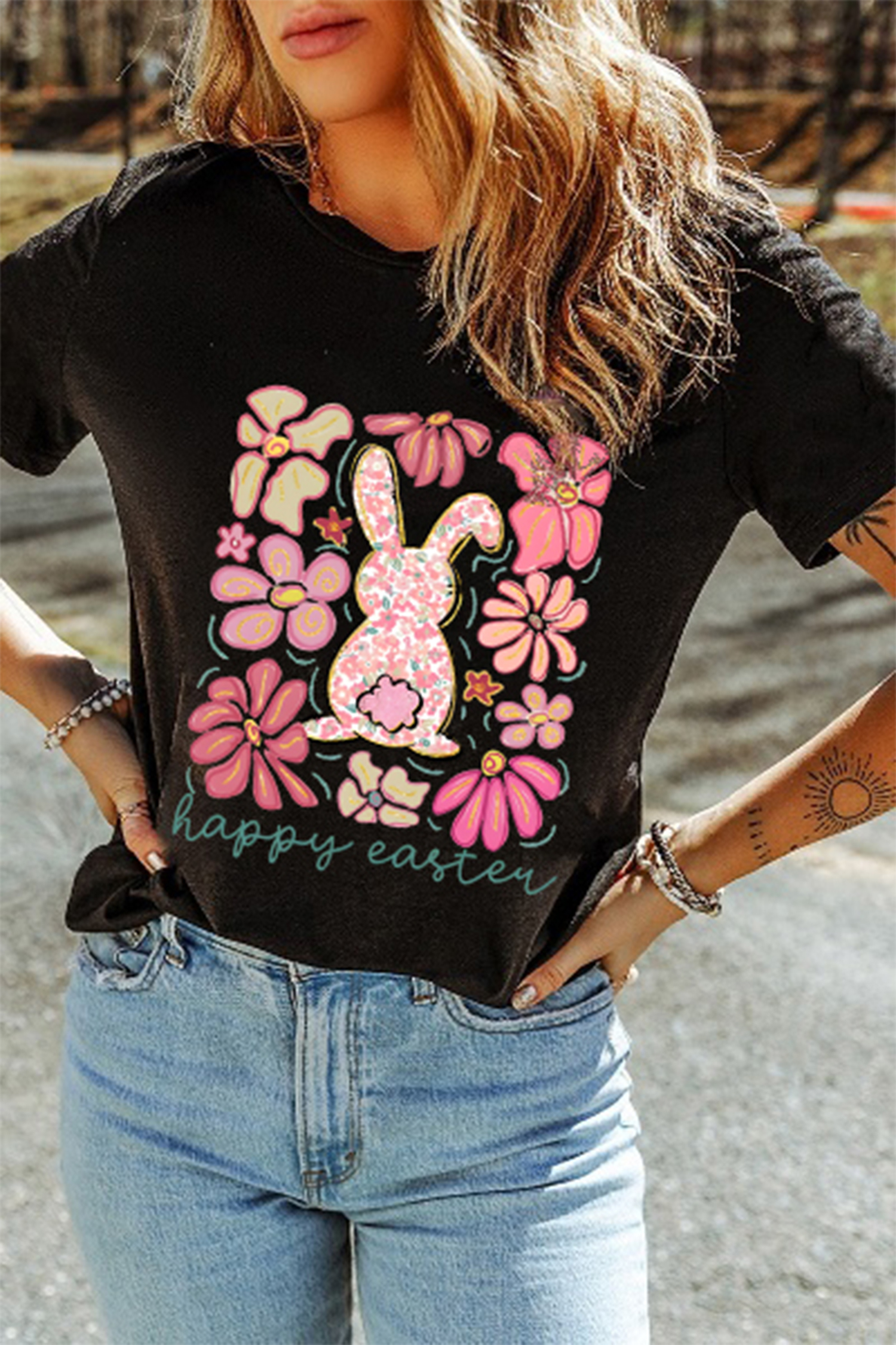 Black Happy Easter Bunny Flower Printed Casual Tee - loveforevers