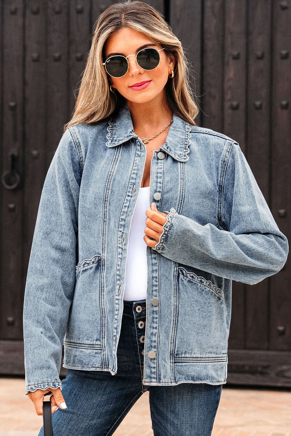 Myosotis Scallop Trim Collar Patched Pocket Button Up Mineral Washed Denim Jacket - loveforevers