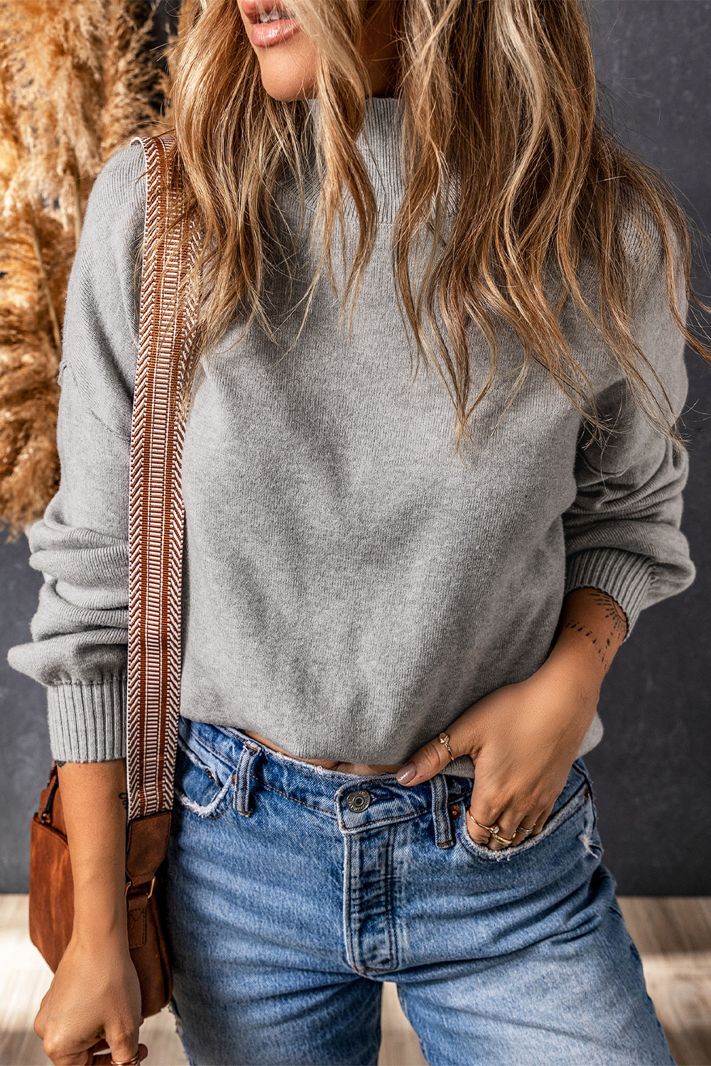 Gray Turtleneck Drop Shoulder Bubble Sleeve Knit Sweater - loveforevers