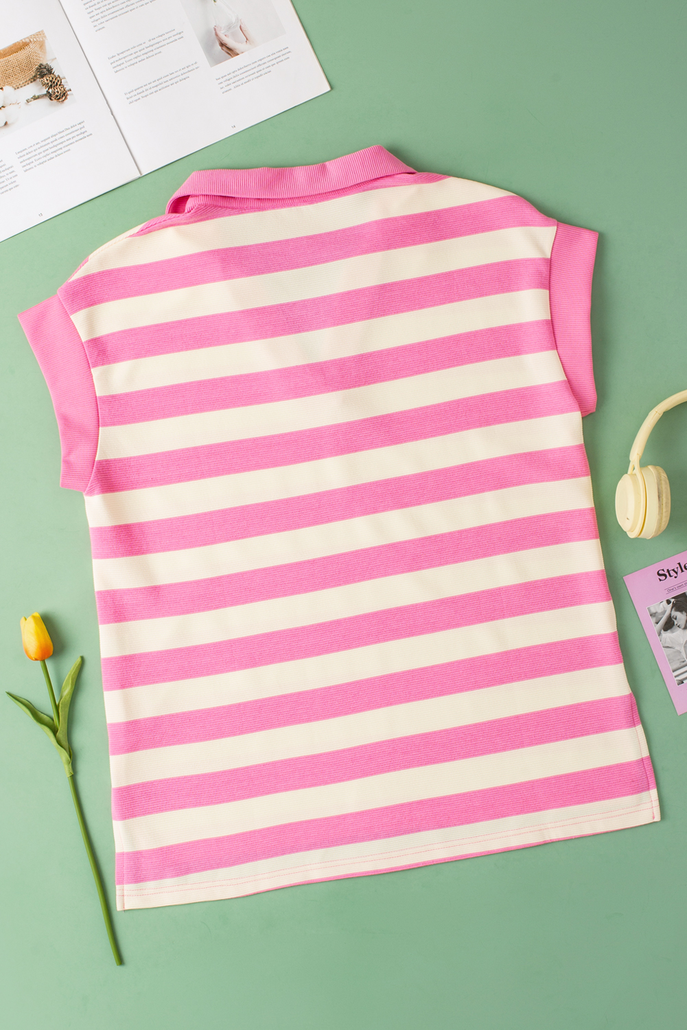 Pink Stripe V Neck Collared Cap Sleeve Top - loveforevers
