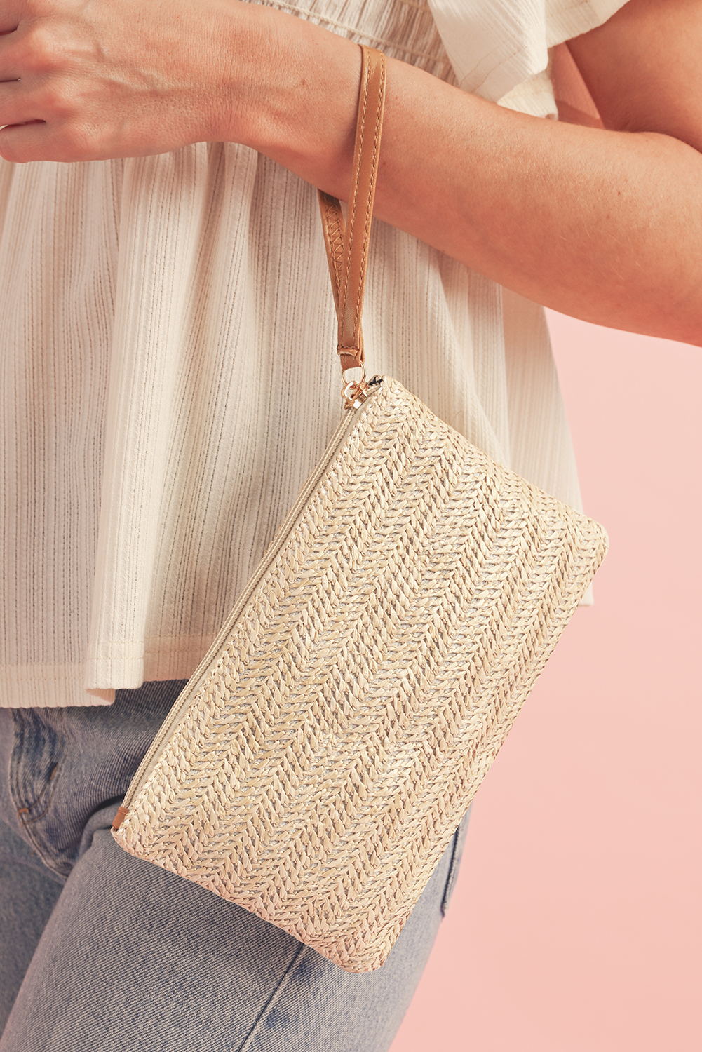 Oatmeal Straw Woven Wrist Strap Zipper Large Wallet - loveforevers