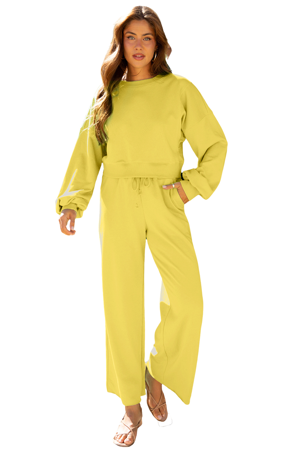 Bright Green Drop Shoulder Puff Sleeve Crop Pullover Drawstring Wide Leg Pants Set - loveforevers