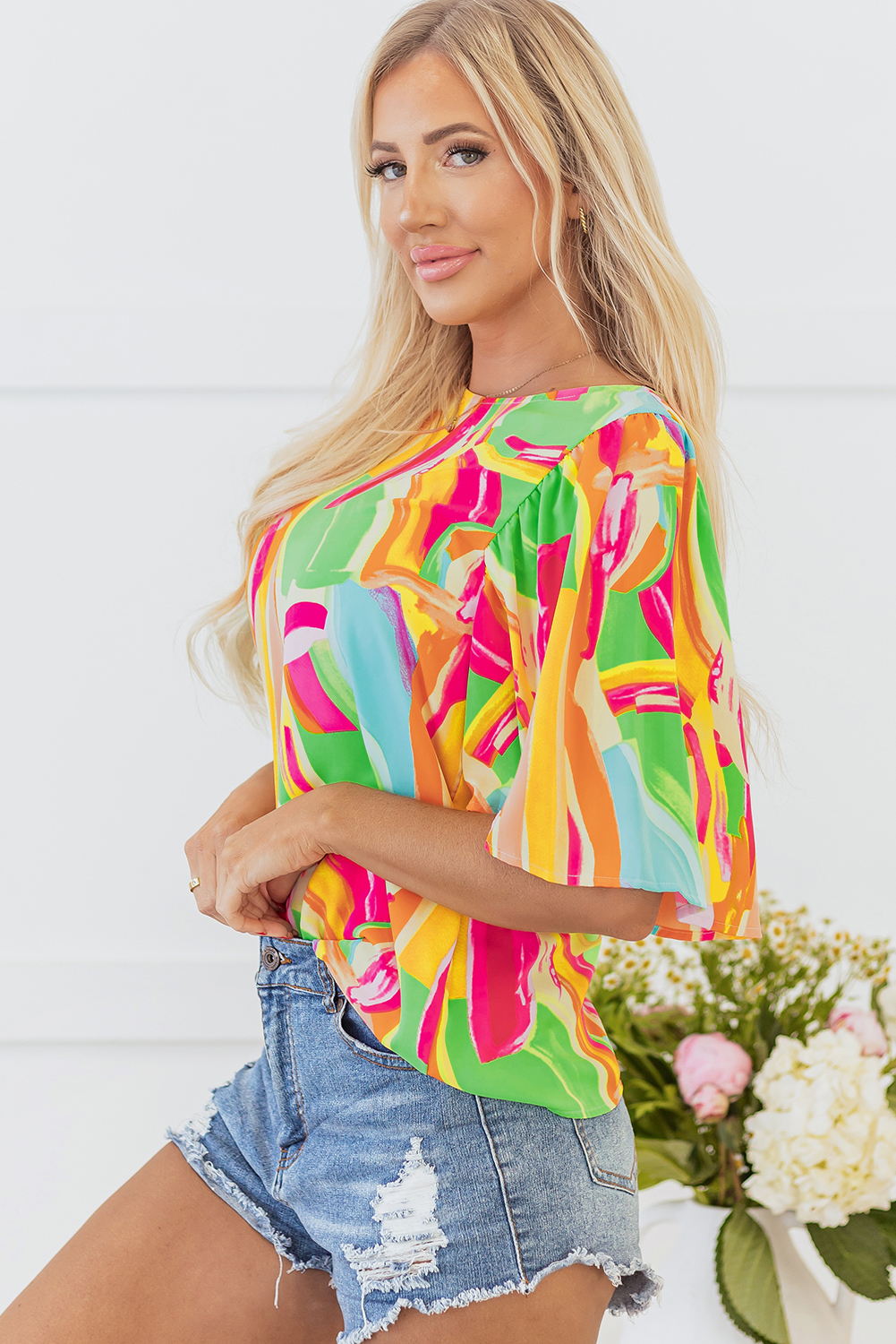 Multicolour Abstract Print Keyhole Back Pleated Half Sleeve Blouse - loveforevers