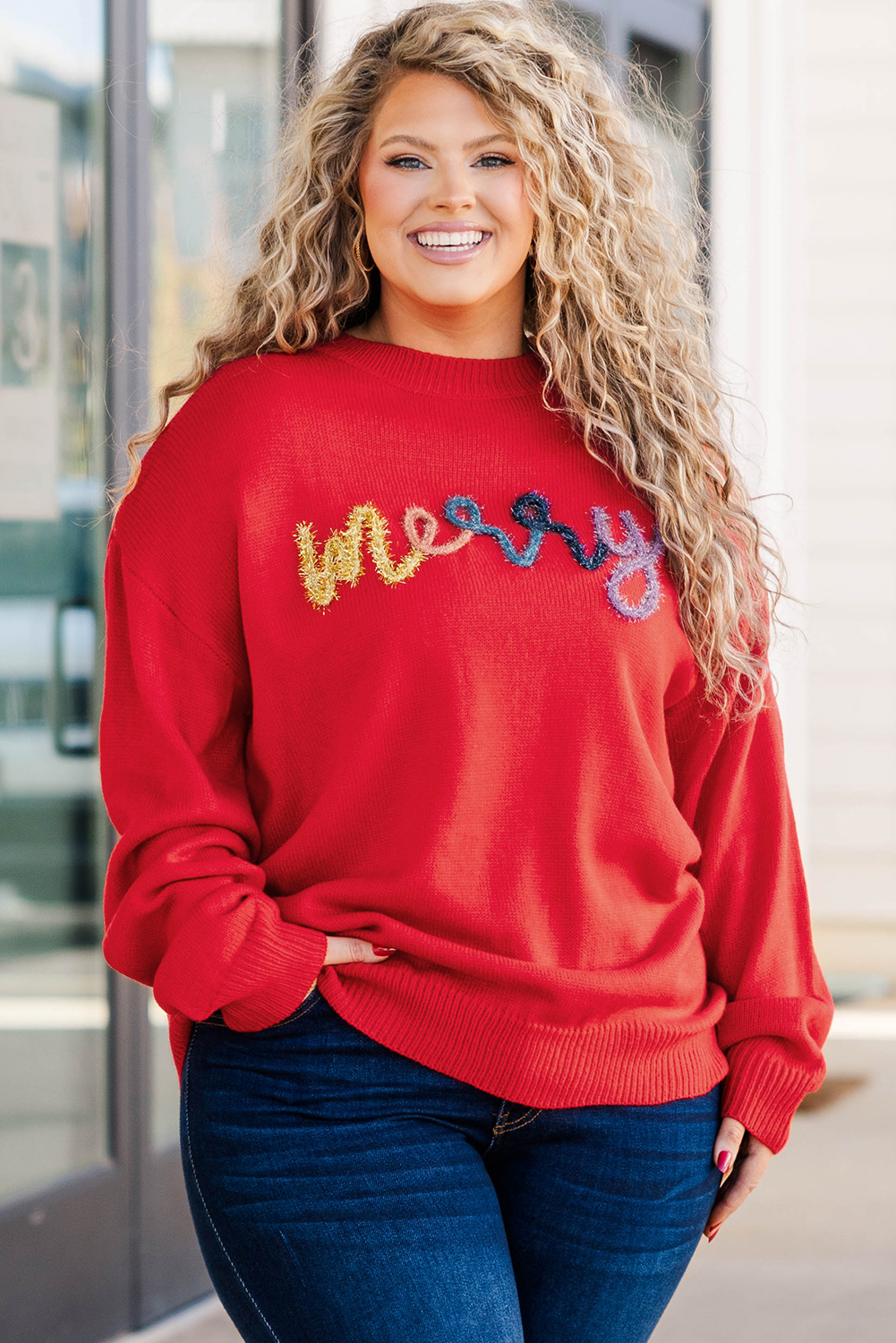 Fiery Red Tinsel Merry Letter Drop Shoulder Baggy Sweater - loveforevers