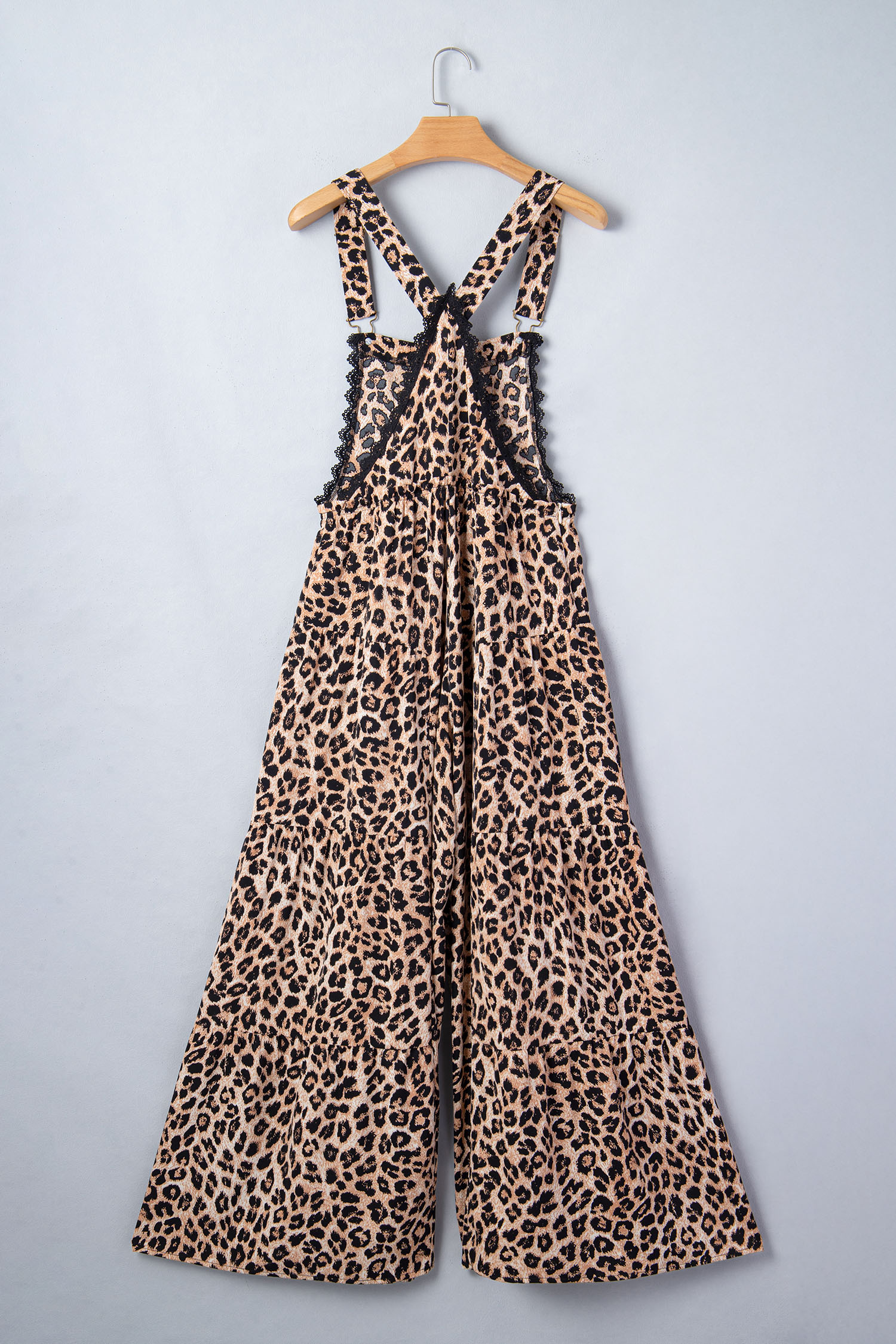 Khaki Cheetah Printed Contrast Lace Detail Ruffled Wide Leg Jumpsuit - loveforevers
