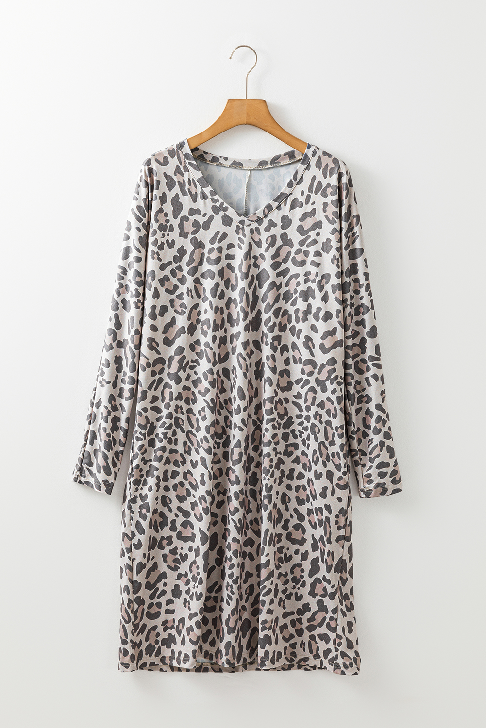 Gray Leopard Print V Neck Loose Fit Mini Dress - loveforevers