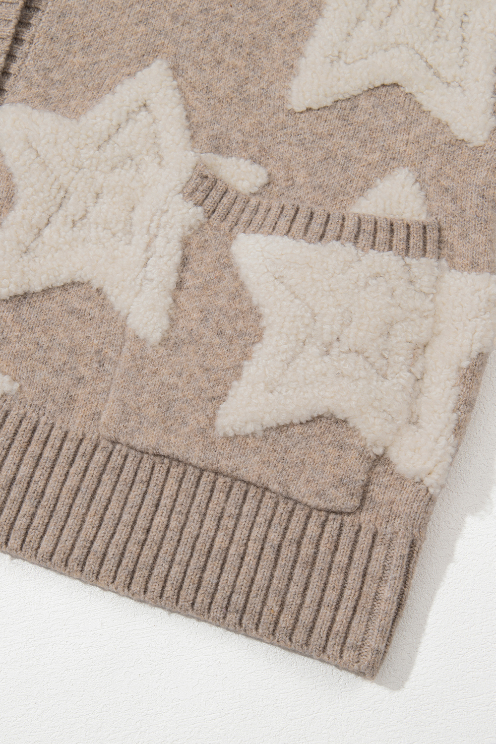 Khaki Sherpa Star Pattern Textured Sweater Cardigan with Pockets - loveforevers