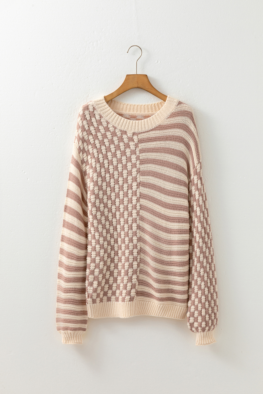 Khaki Stripe Checkerboard Drop Shoulder Balloon Sleeve Sweater - loveforevers