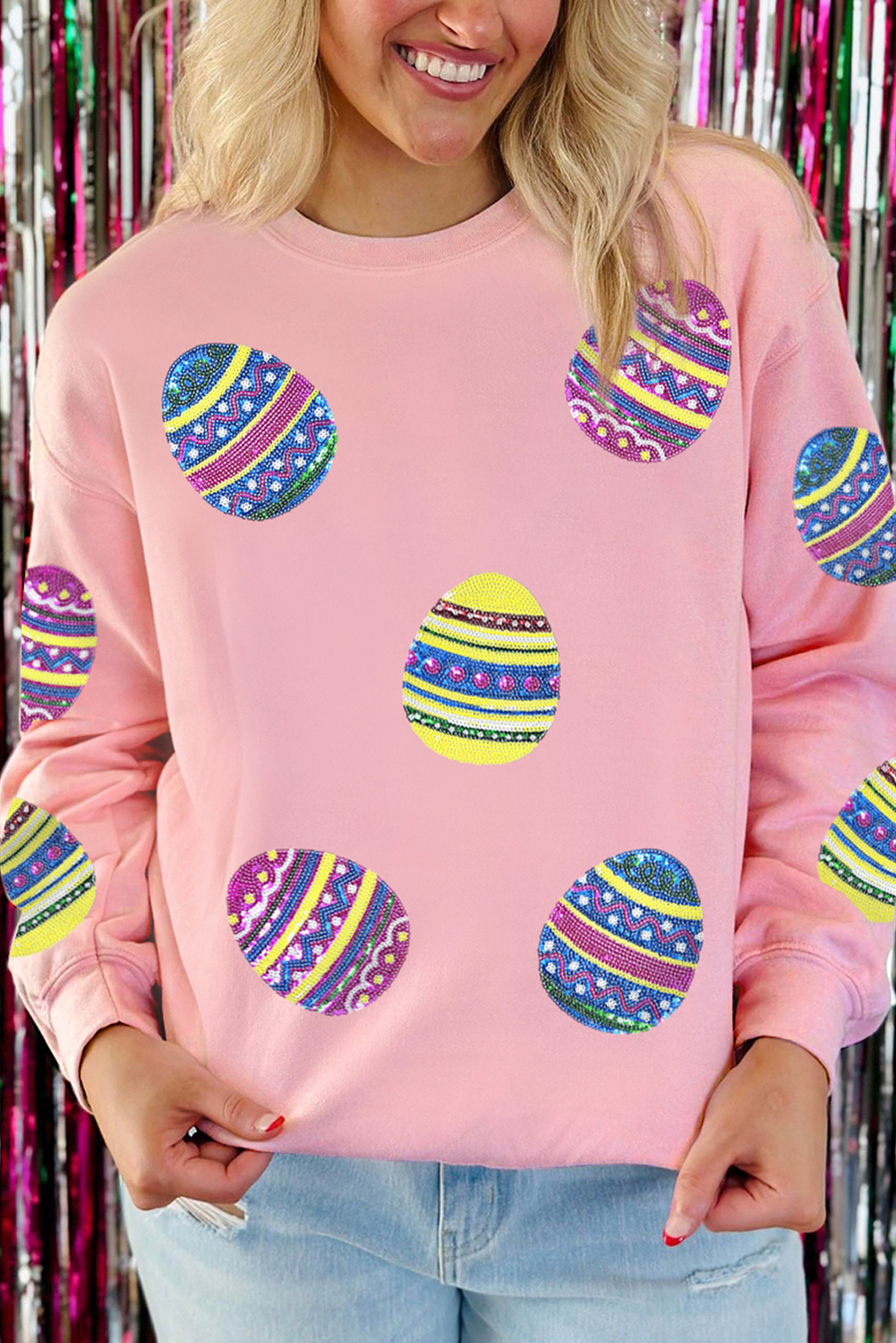 Pink Sequined Bunny Egg Easter Day Pullover Sweatshirt - loveforevers