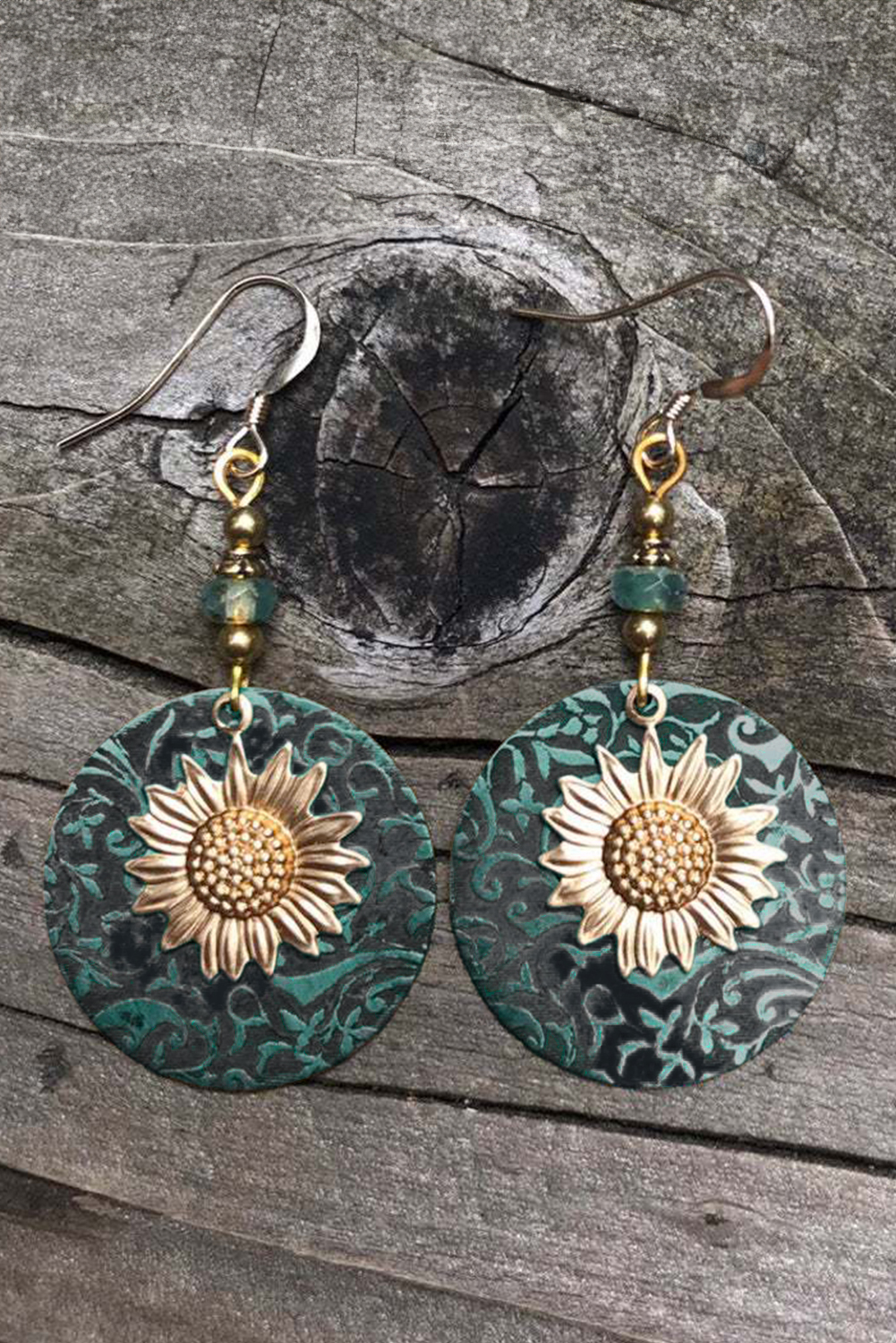 Real Teal Retro Sunflower Disc Alloy Dangle Earrings - loveforevers