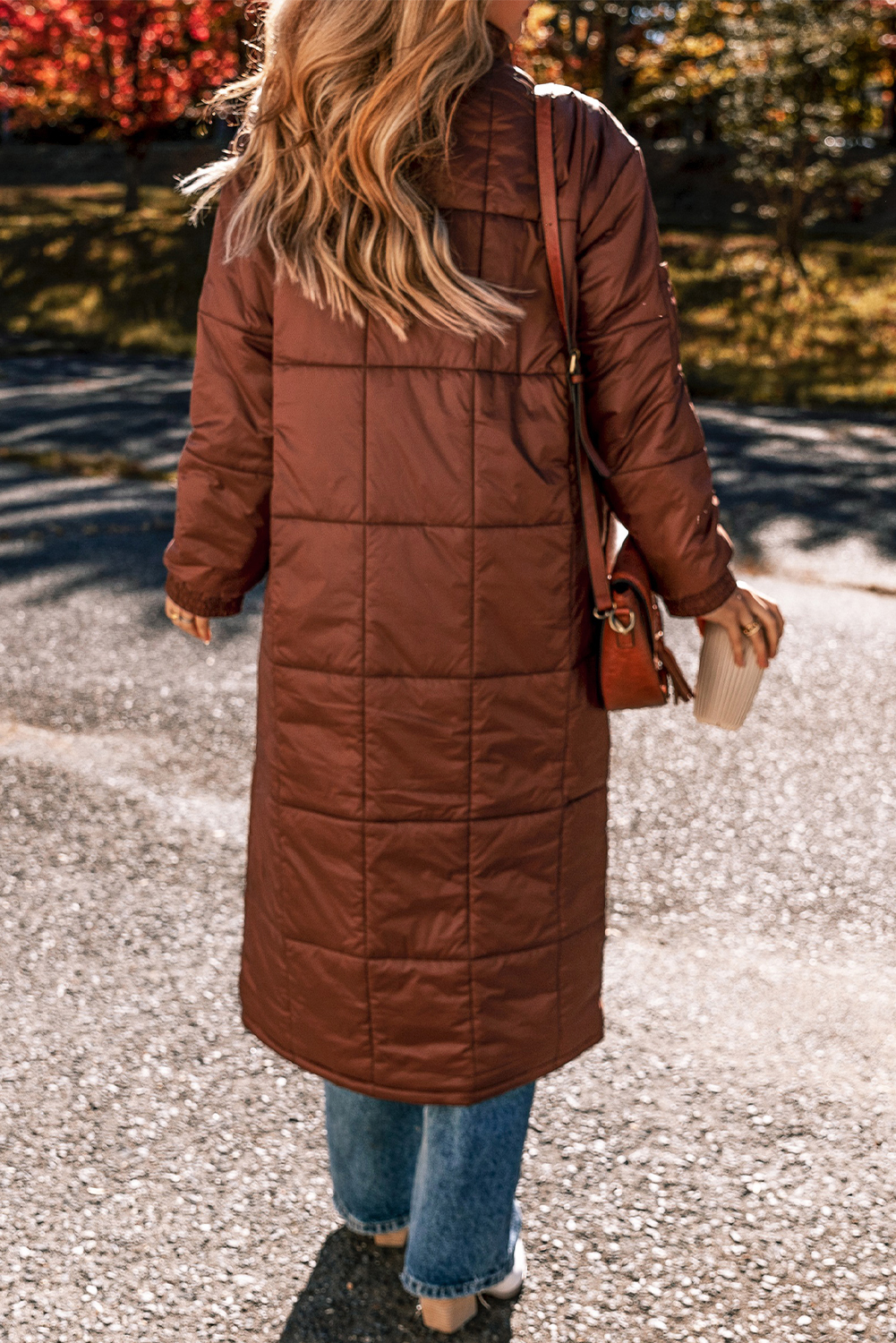 Coffee Quilted Puffer Stand Neck Zipped Mid-length Coat - loveforevers