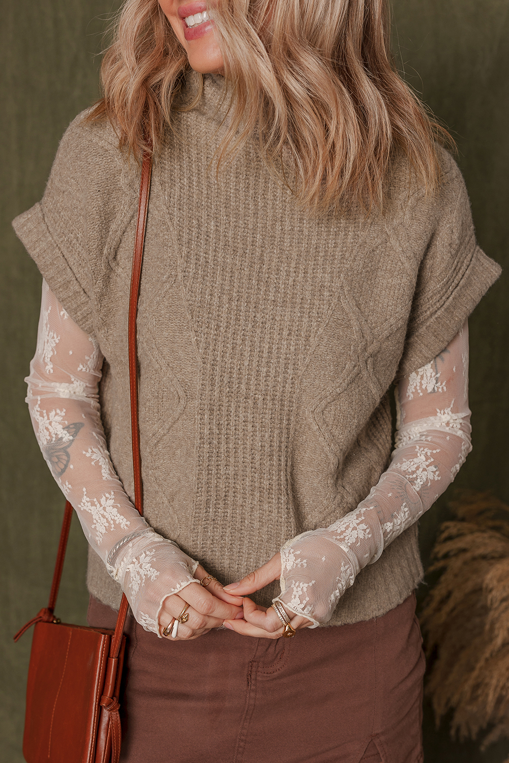 Smoke Gray Textured Knit High Neck Sweater T Shirt - loveforevers