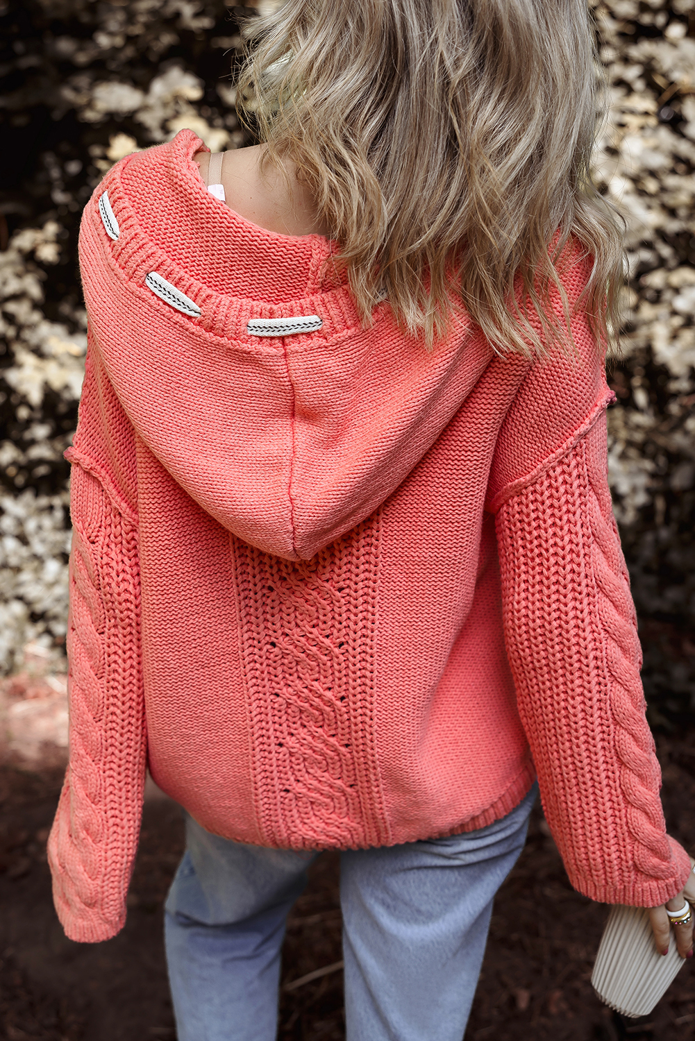 Gold Flame Cable Knit V Neck Contrast Drawstring Hooded Sweater - loveforevers