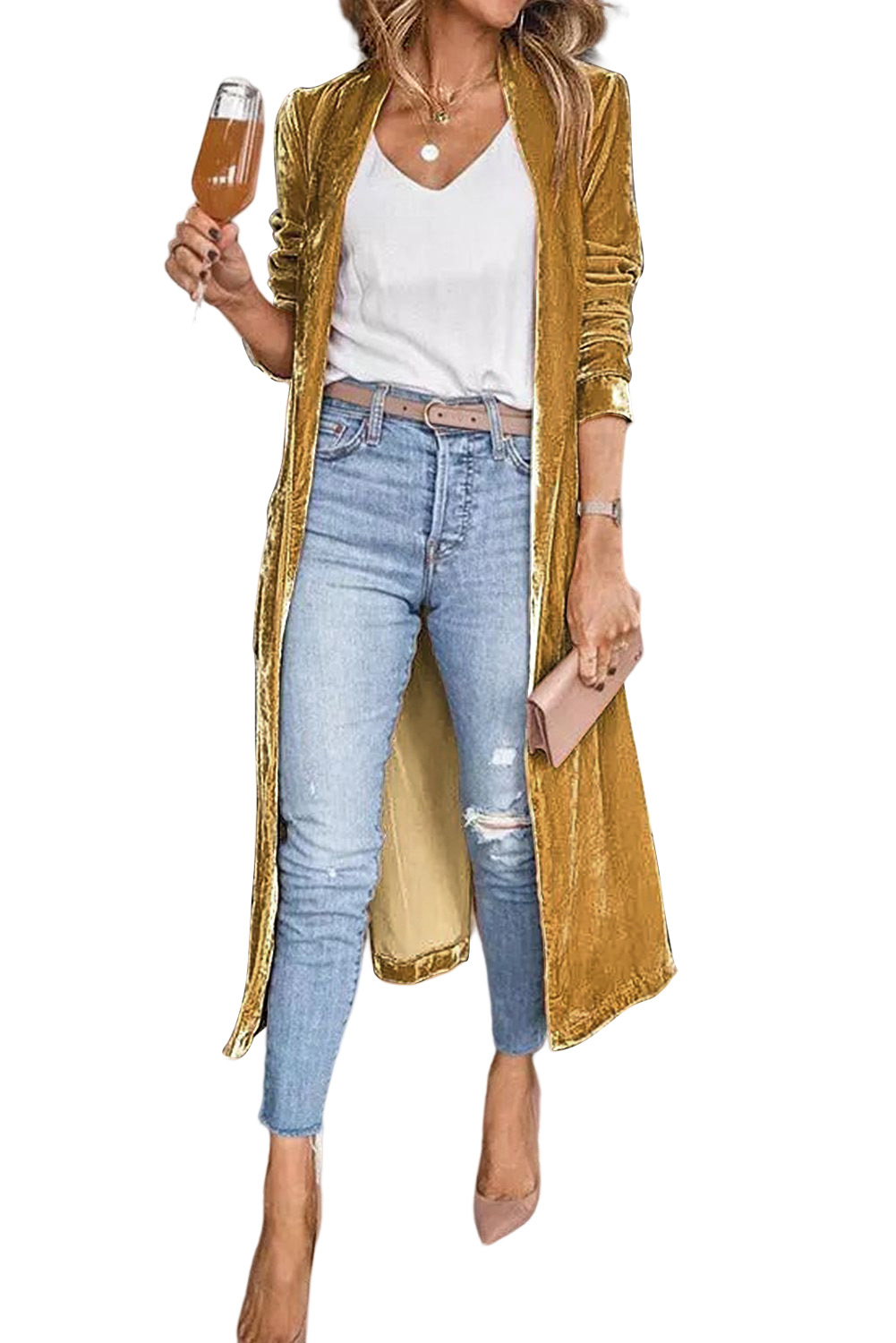 Yellow Velvet Open Front Pocketed Long Duster - loveforevers