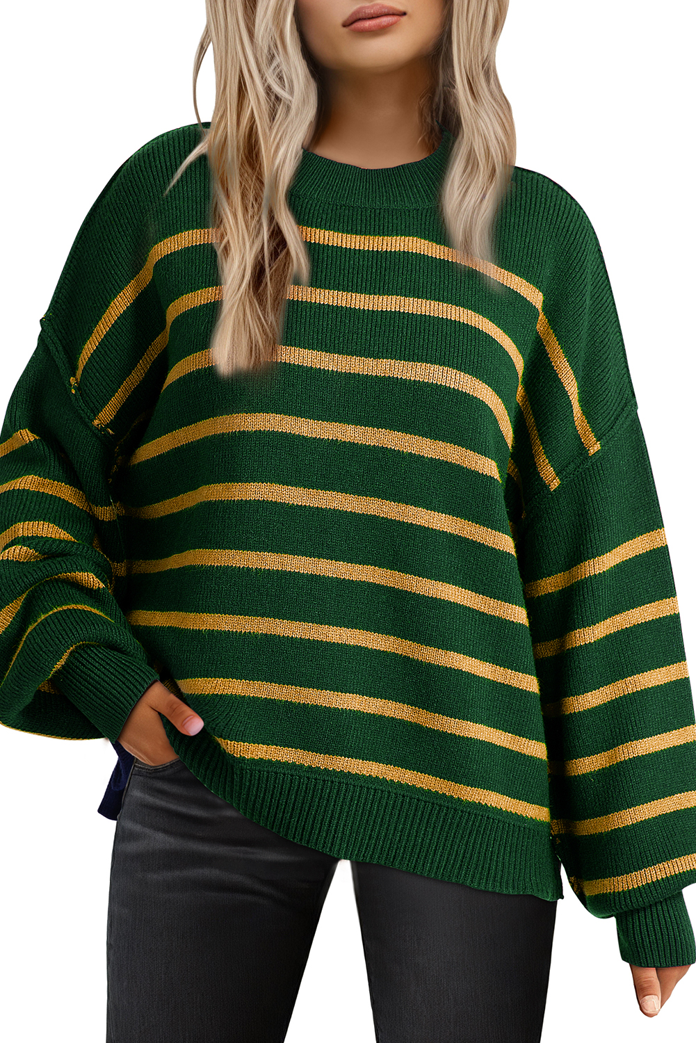 Green Stripe Ribbed Drop Shoulder Baggy Sweater - loveforevers