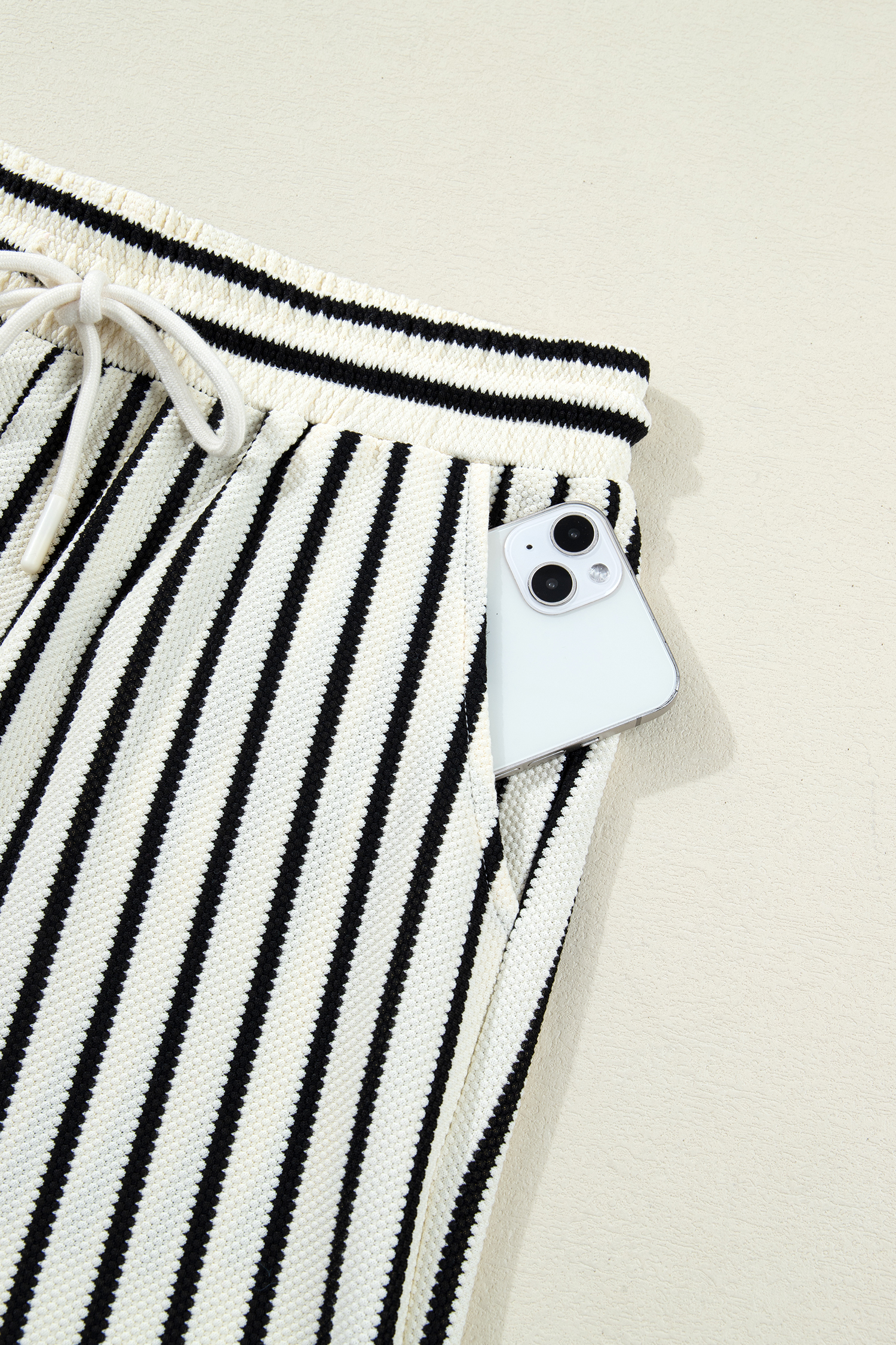 White Stripe Ruffle Trim Drop Shoulder Top Drawstring Loose Pant Set - loveforevers
