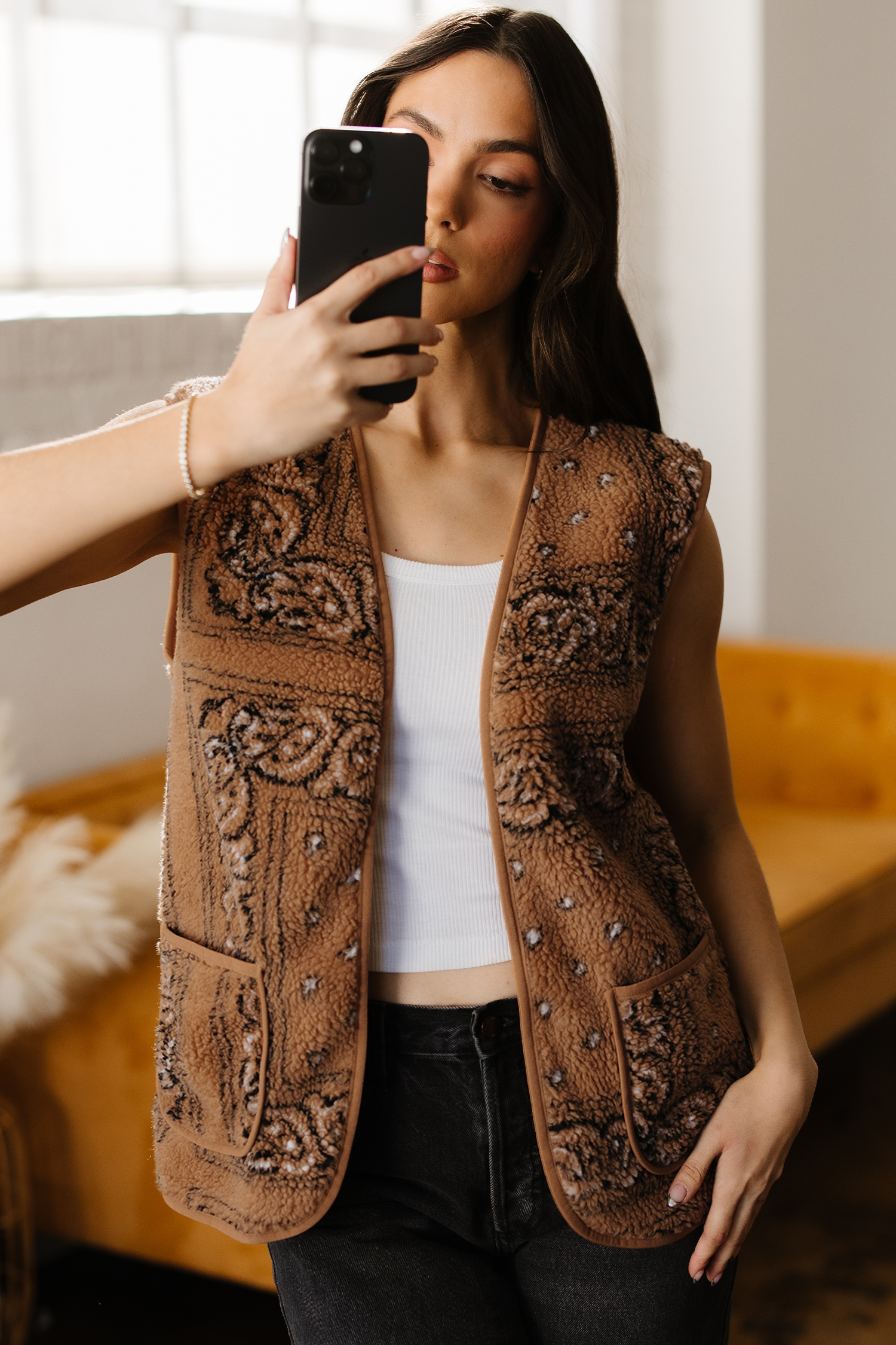 Brown Sherpa Paisley Print Pocketed Western Fashion Vest Jacket - loveforevers