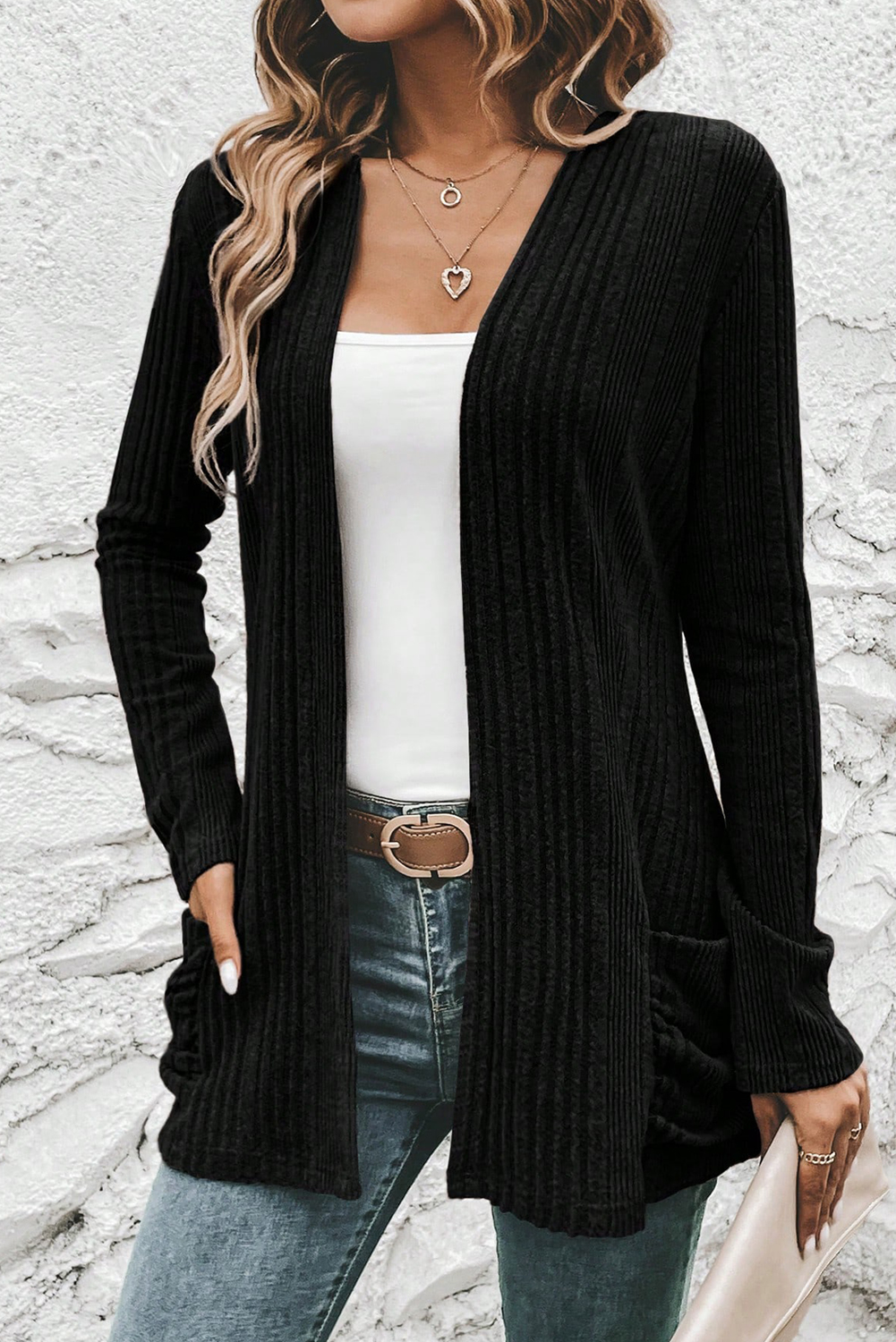 Stone Blue Ribbed Open Front Knitted Top with Pockets - loveforevers