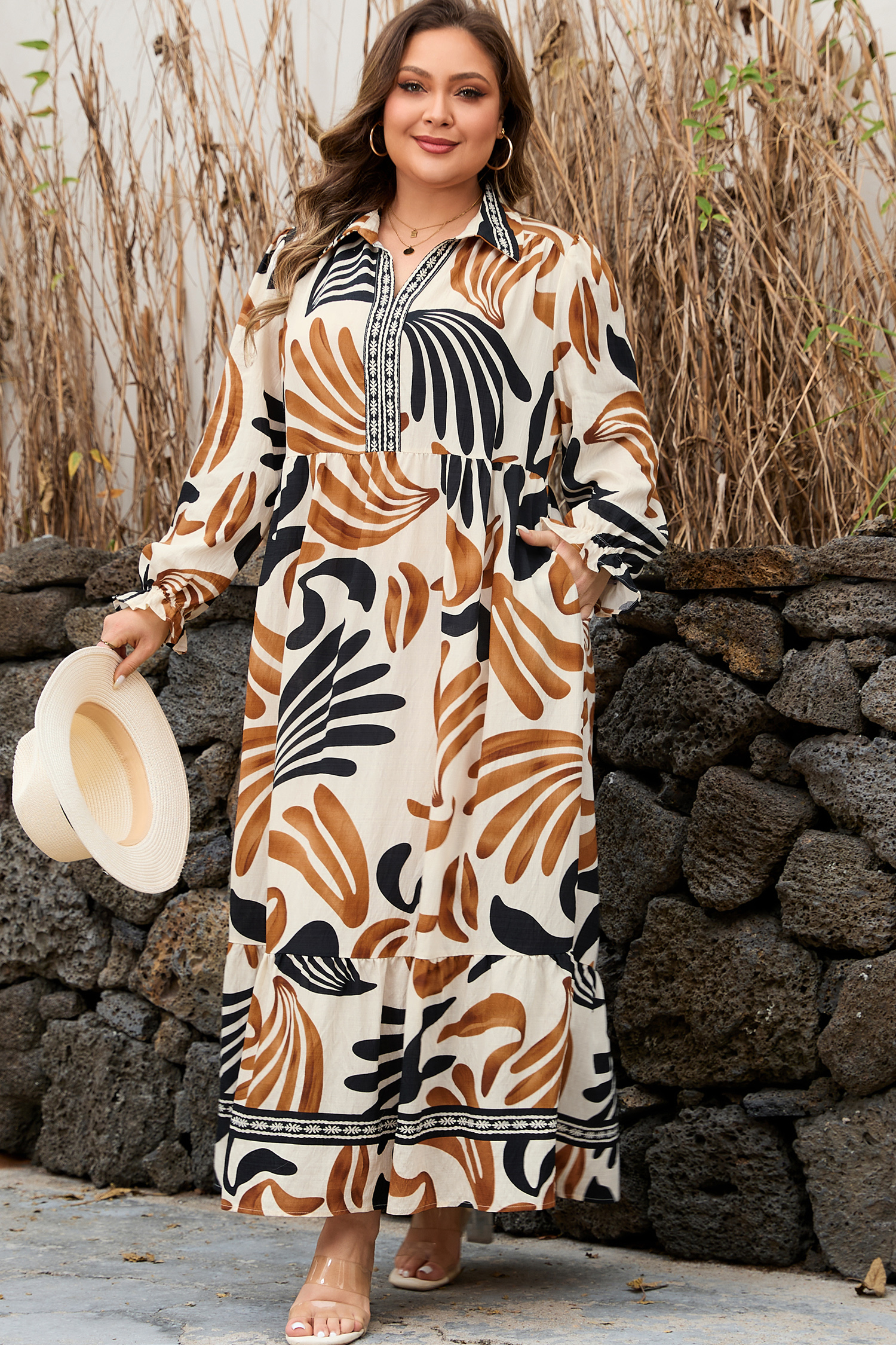 Brown Tropical Printed Contrast Trim Neck Long Sleeve Ruffle Hem Dress - loveforevers