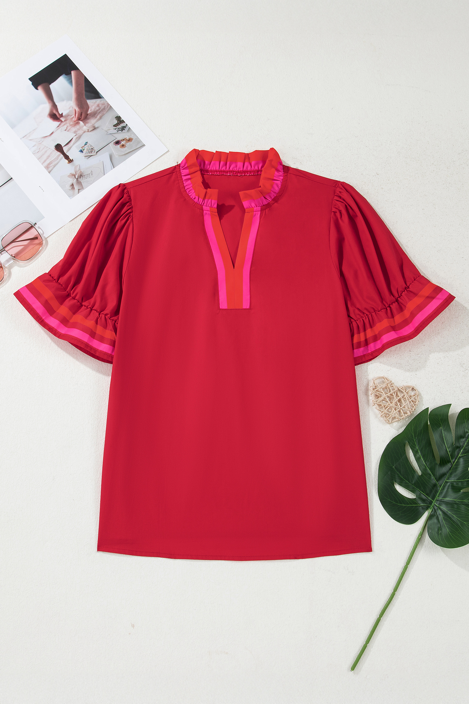 Four Leaf Clover Striped Trim Ruffle Split Neck Long Sleeve Blouse - loveforevers