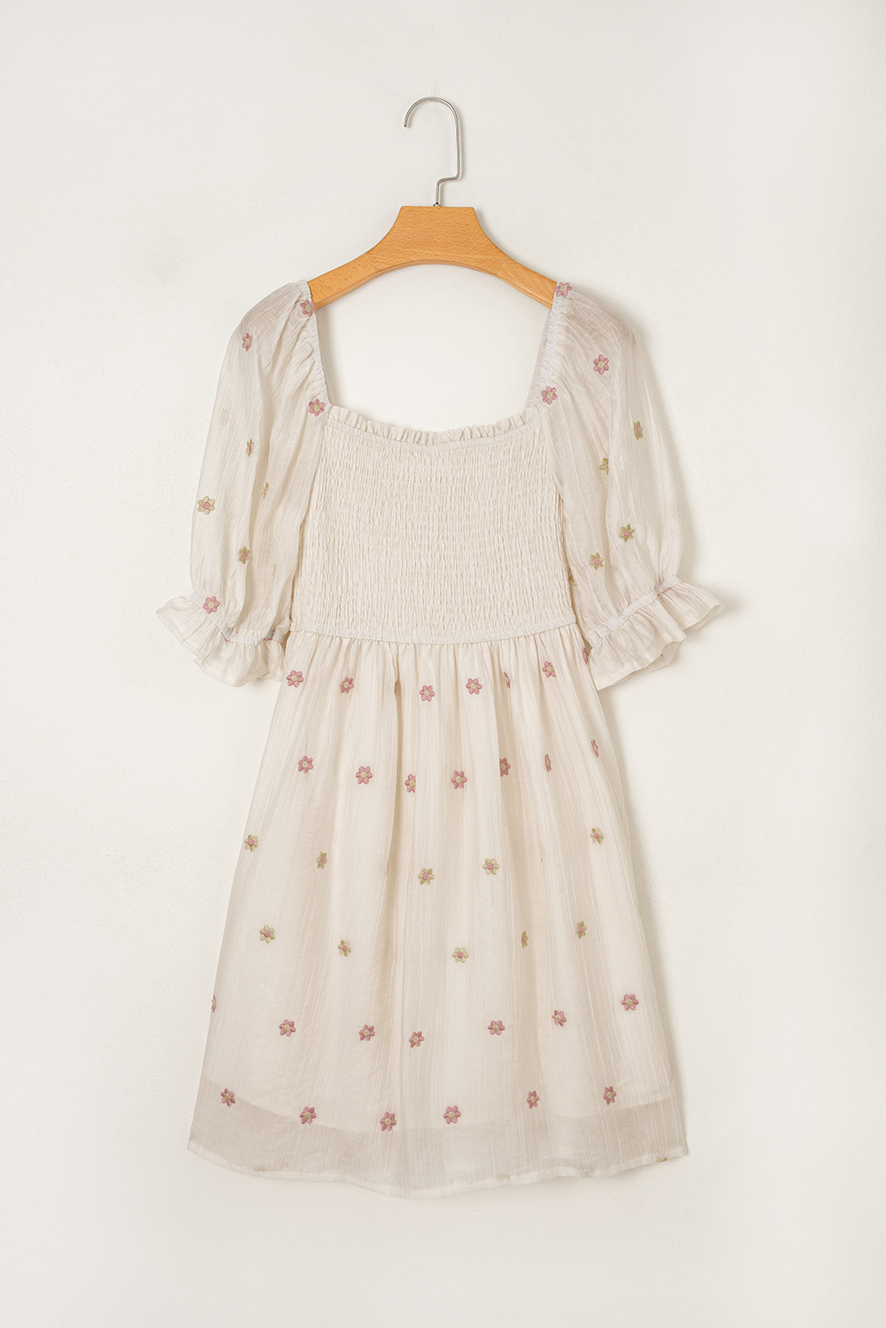 Beige Embroidered Flower Smocked Bust Half Puff Sleeve Empire Waist Textured Flowy Dress - loveforevers