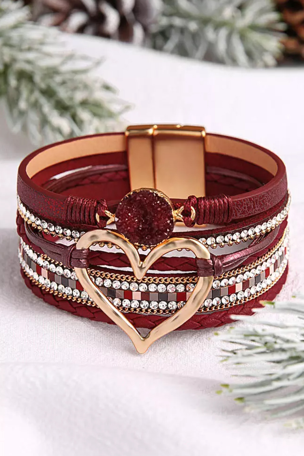 Fiery Red Valentine Rhinestone Heart Layered Bracelet - loveforevers