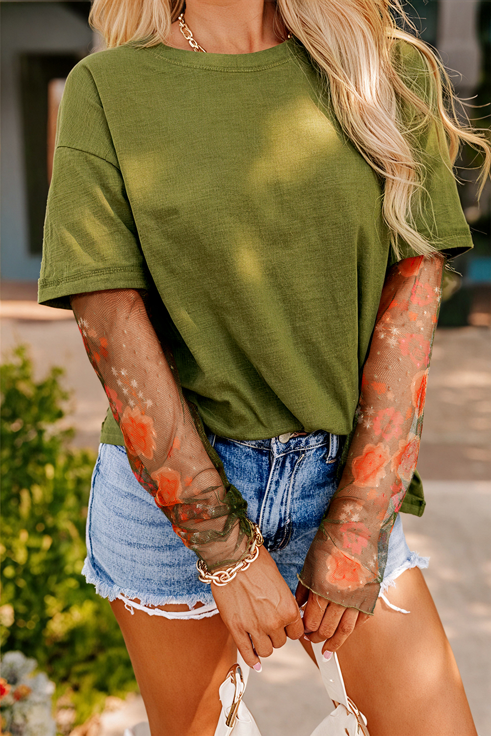 Fern Green Faux Two Piece Floral Long Sleeve Patchwork Tee - loveforevers
