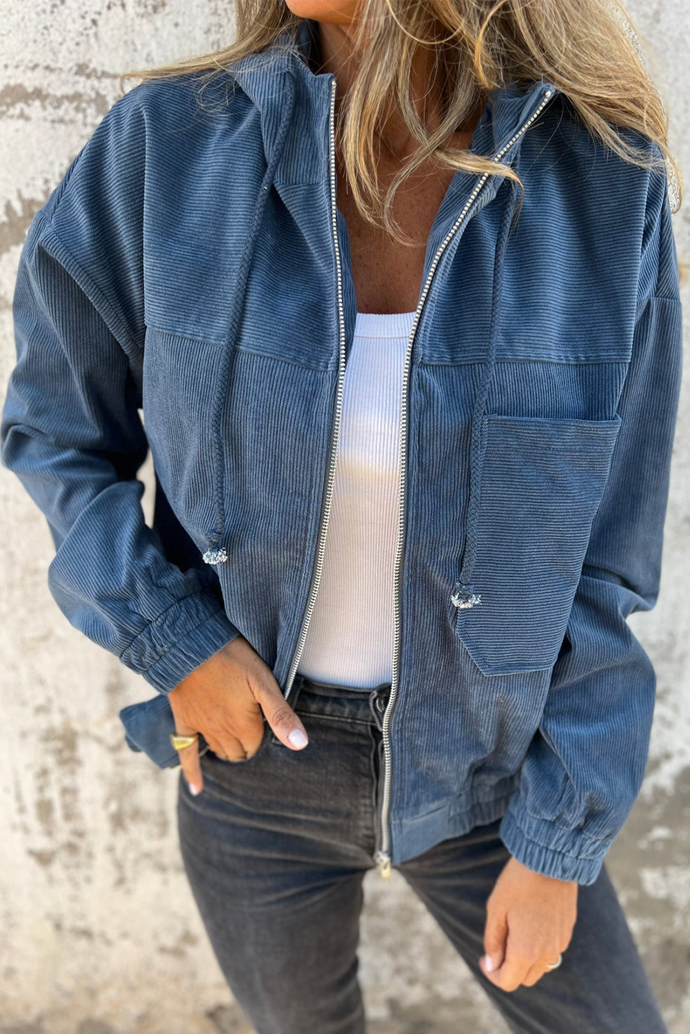 Real Teal Corduroy Drawstring Hooded Pocket Zip Up Jacket - loveforevers
