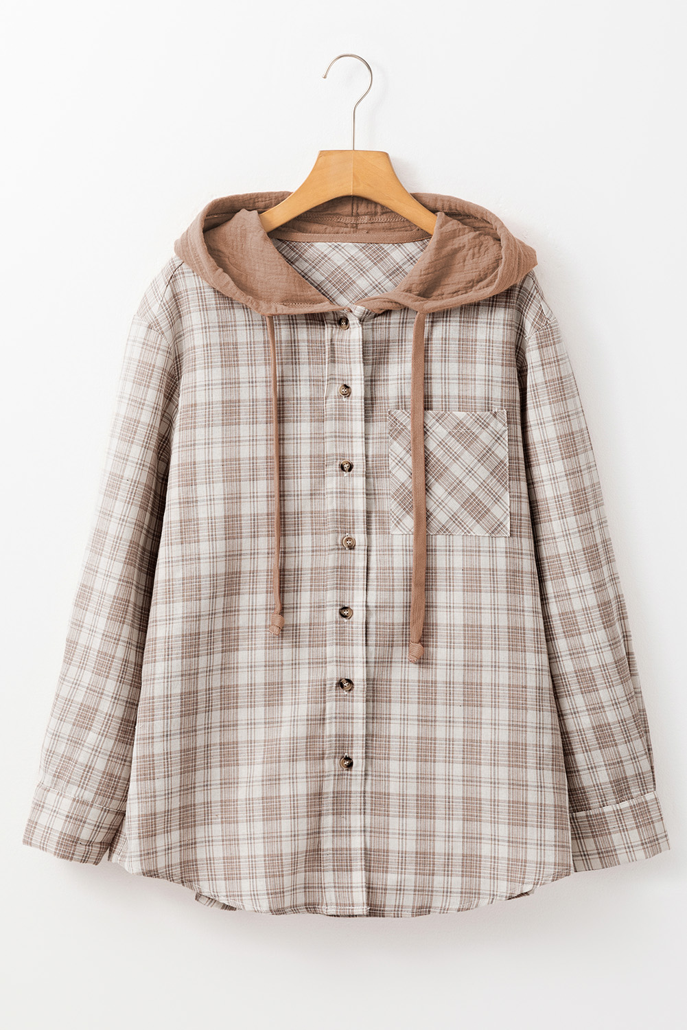 Khaki Checkered Print Loose Fit Buttoned Hooded Shacket - loveforevers