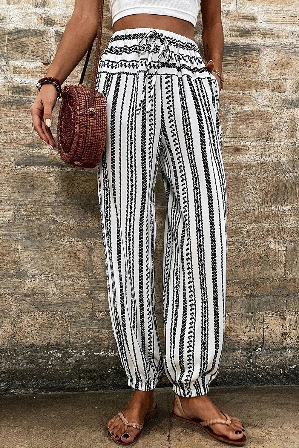 Black Stripe Boho Print Drawstring Elastic Waistband Casual Joggers - loveforevers