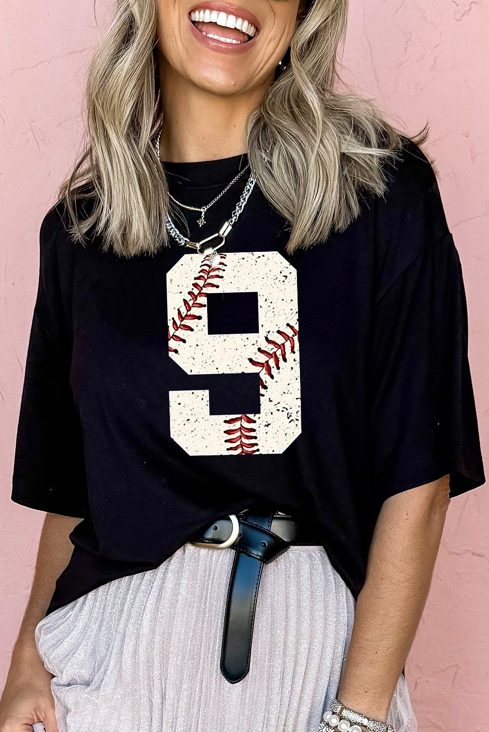 Black Number 9 Distressed Baseball Pattern Oversize Tee - loveforevers