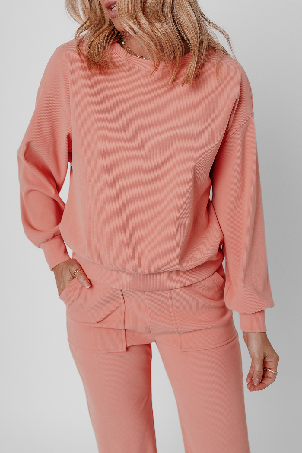 Blossom Ribbed Knit Drop Shoulder Pocketed Two Piece Lounge Set - loveforevers