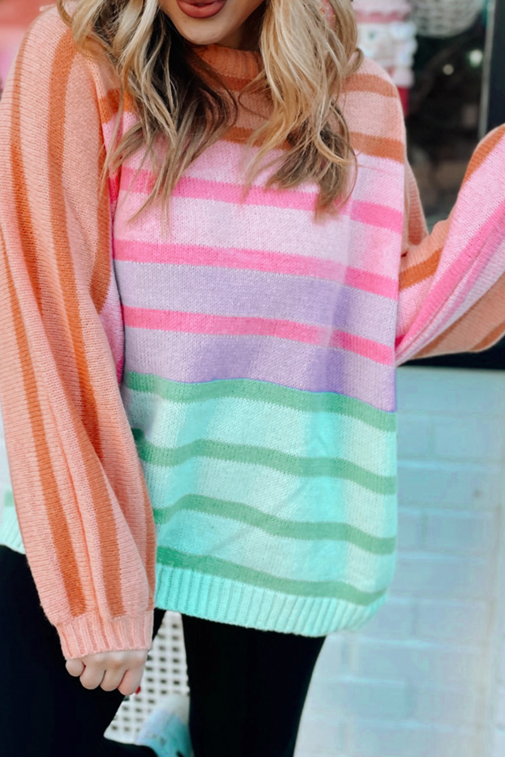 Yellow Stripe Gradient Striped Ribbed Edge Loose Sweater - loveforevers