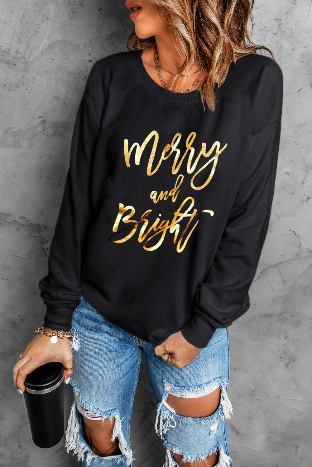 Black  Merry & Bright Letter Print Pullover Sweatshirt - loveforevers