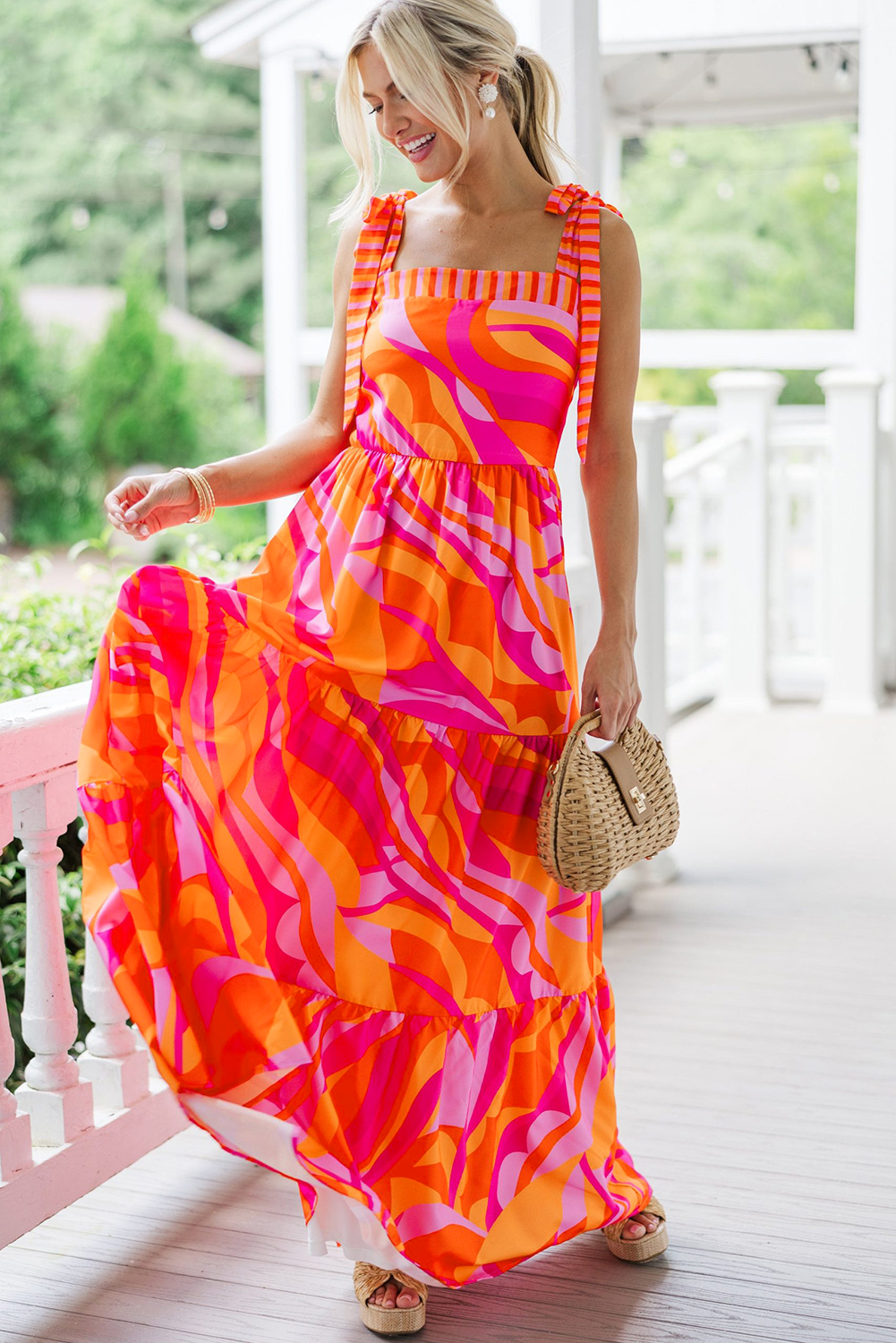 Red Abstract Print Knotted Shoulder High Waist Maxi Dress - loveforevers