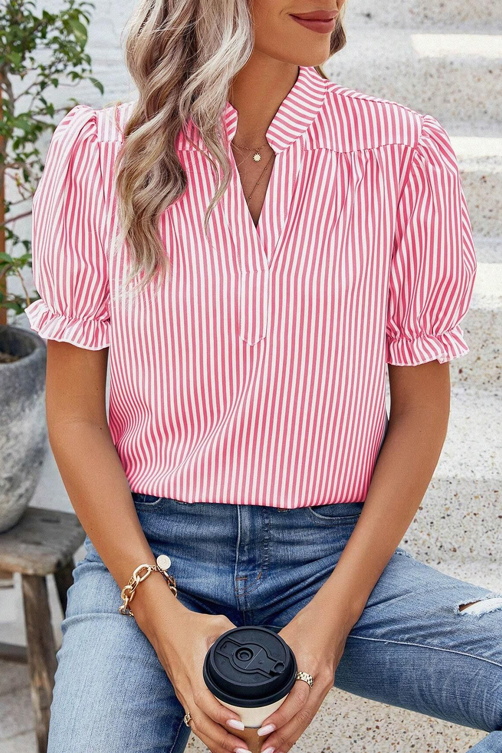 Pink Stripe Notched Neck Frilled Short Puff Sleeve Blouse - loveforevers