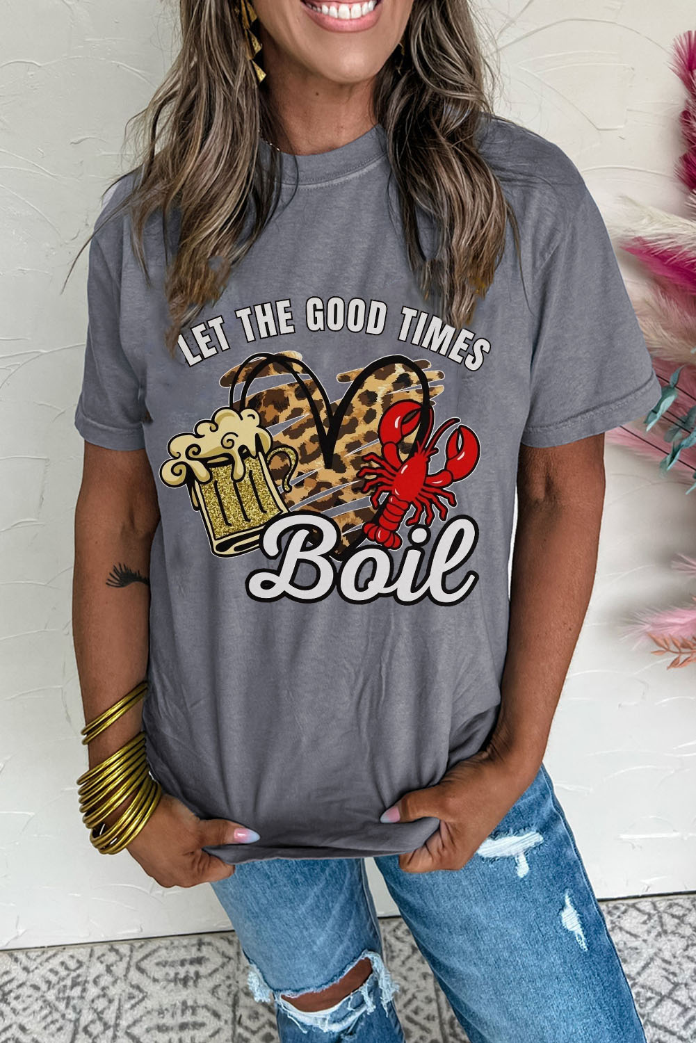 Gray Let The Good Times Boil Crawfish Leopard Heart Graphic Tee - loveforevers