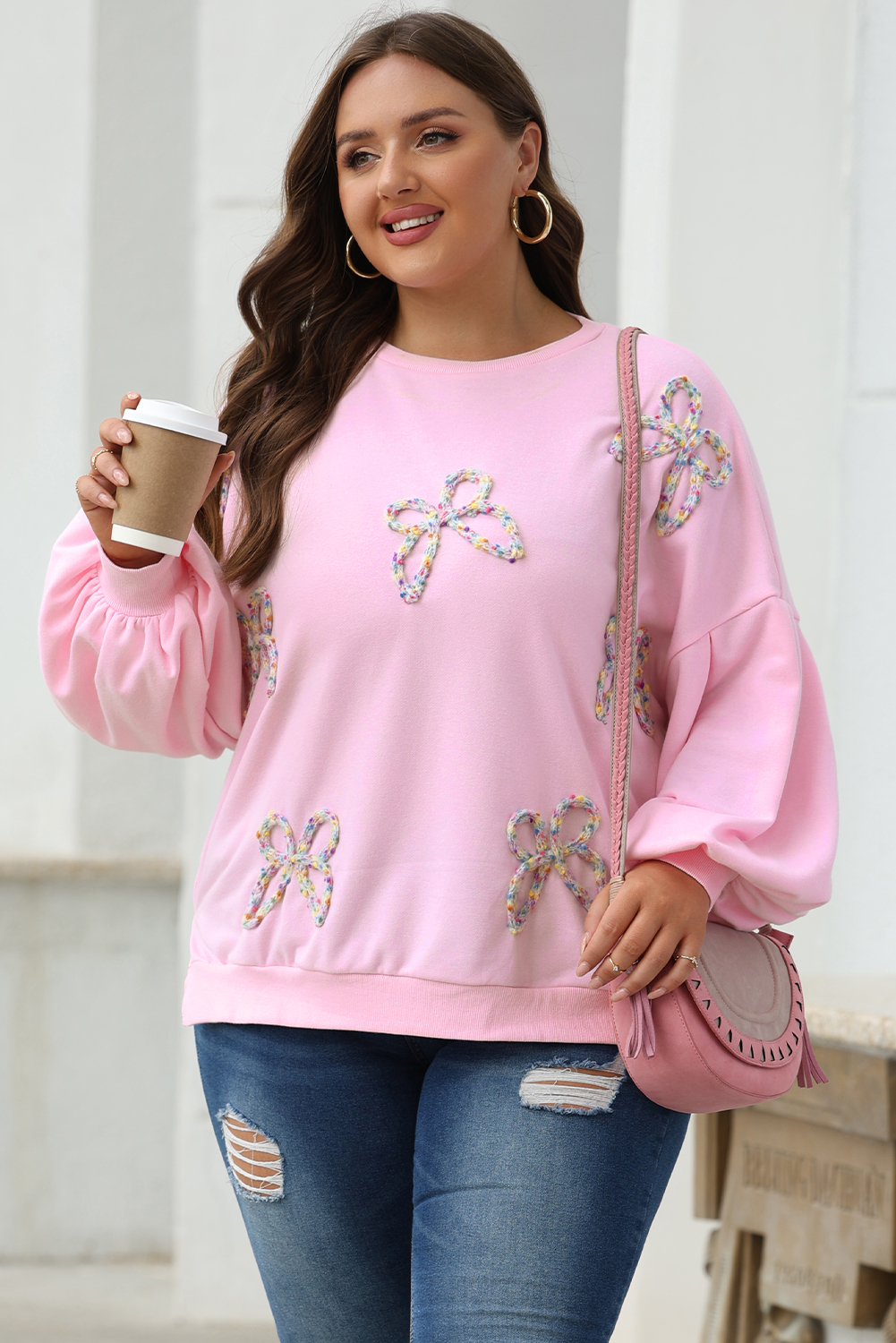 Light Pink Embroidered Bow Lantern Sleeve Oversized Pullover Sweatshirt - loveforevers