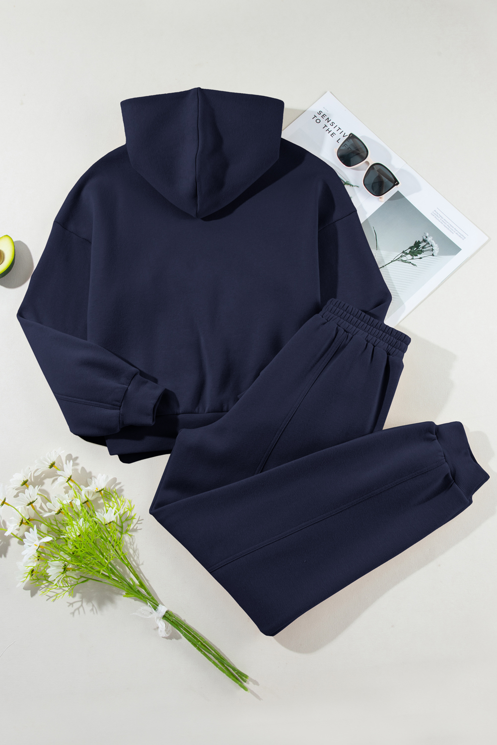 Navy Blue Solid Exposed Seams Hoodie and Joggers Activewear Set - loveforevers